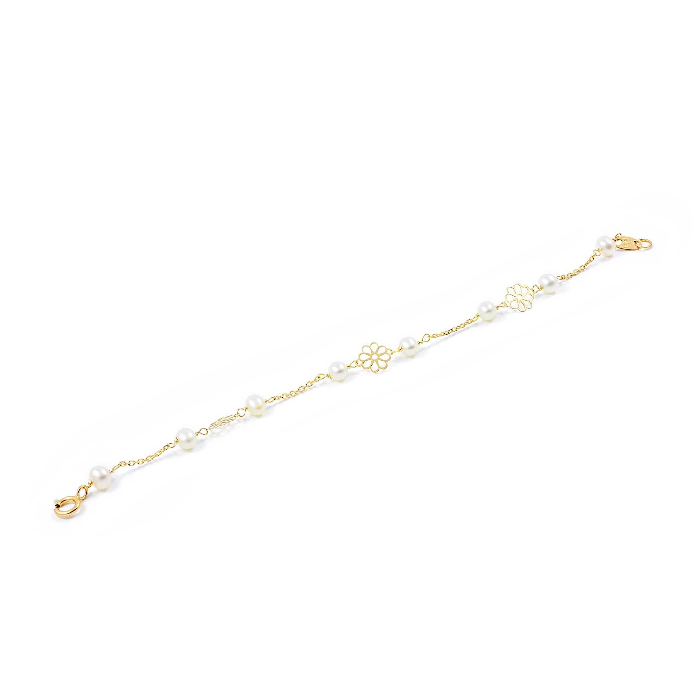 Pulsera Niña Oro Amarillo 18K Perla Redonda 3,5 mm Flores Brillo 13 cm