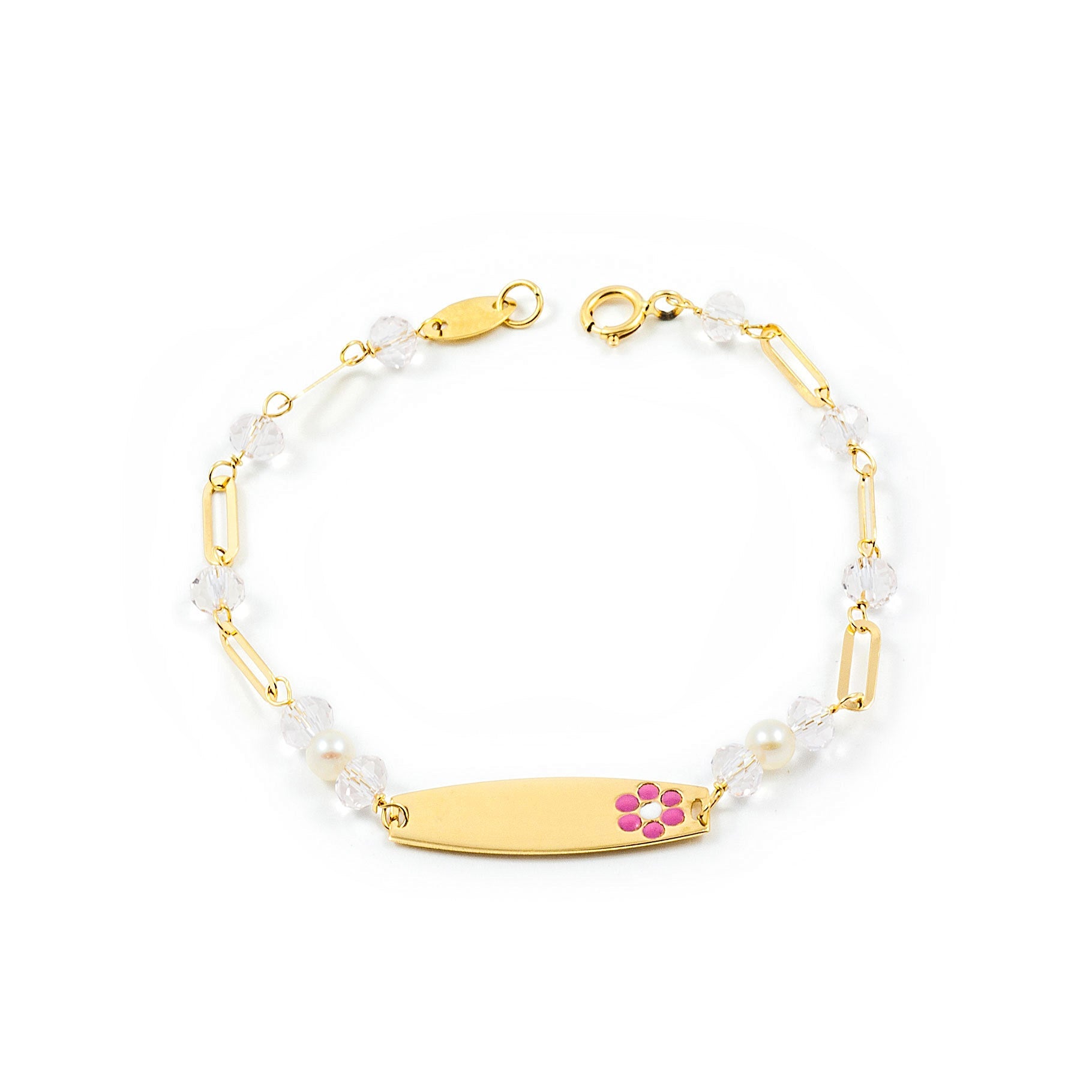 Pulsera Niña Oro Amarillo 18K Personalizada Esclava Flores Circonita Redonda 3,5 mm Brillo 14 cm