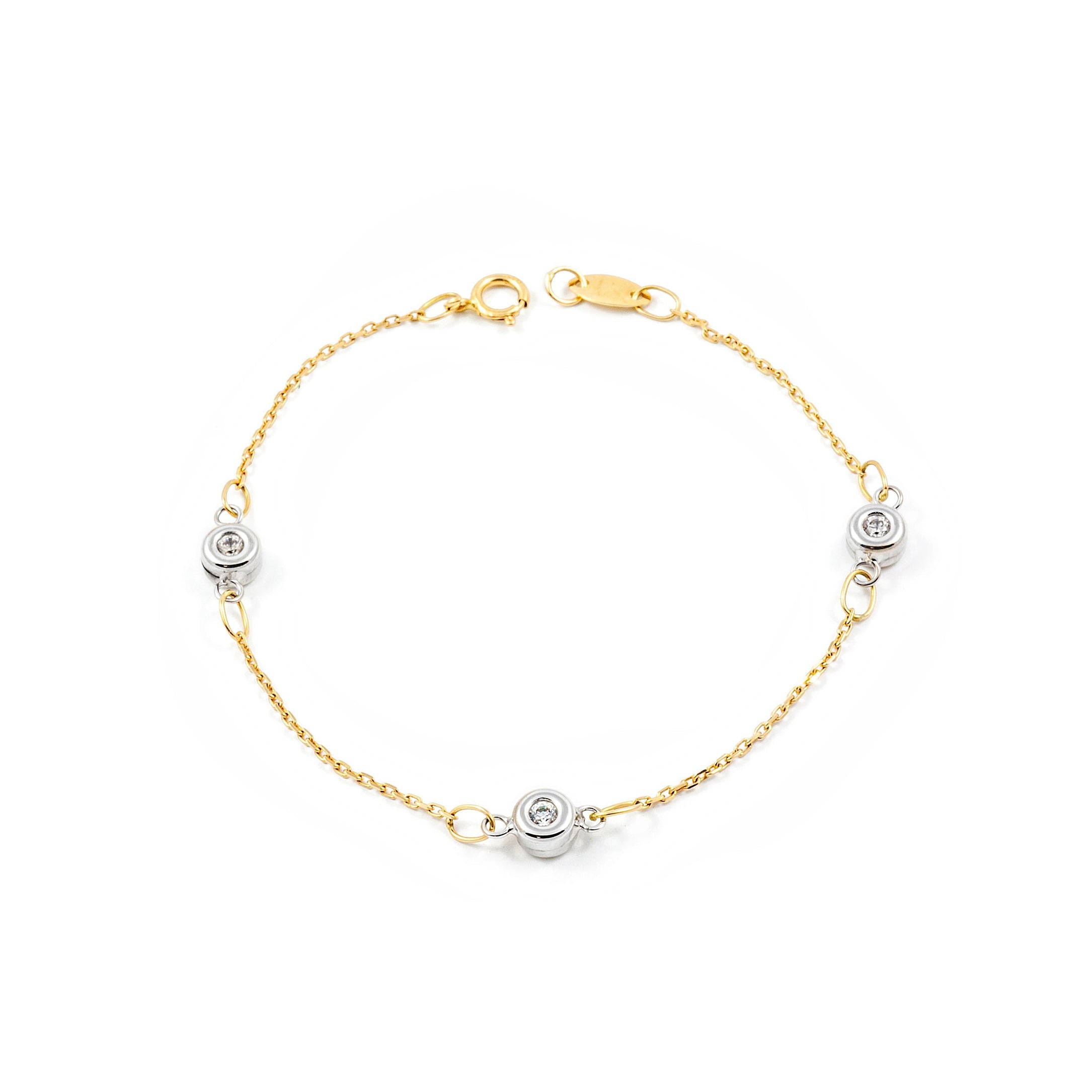 Pulsera Niña Oro Bicolor 18K Charms Redondos Circonita Brillo 15 cm