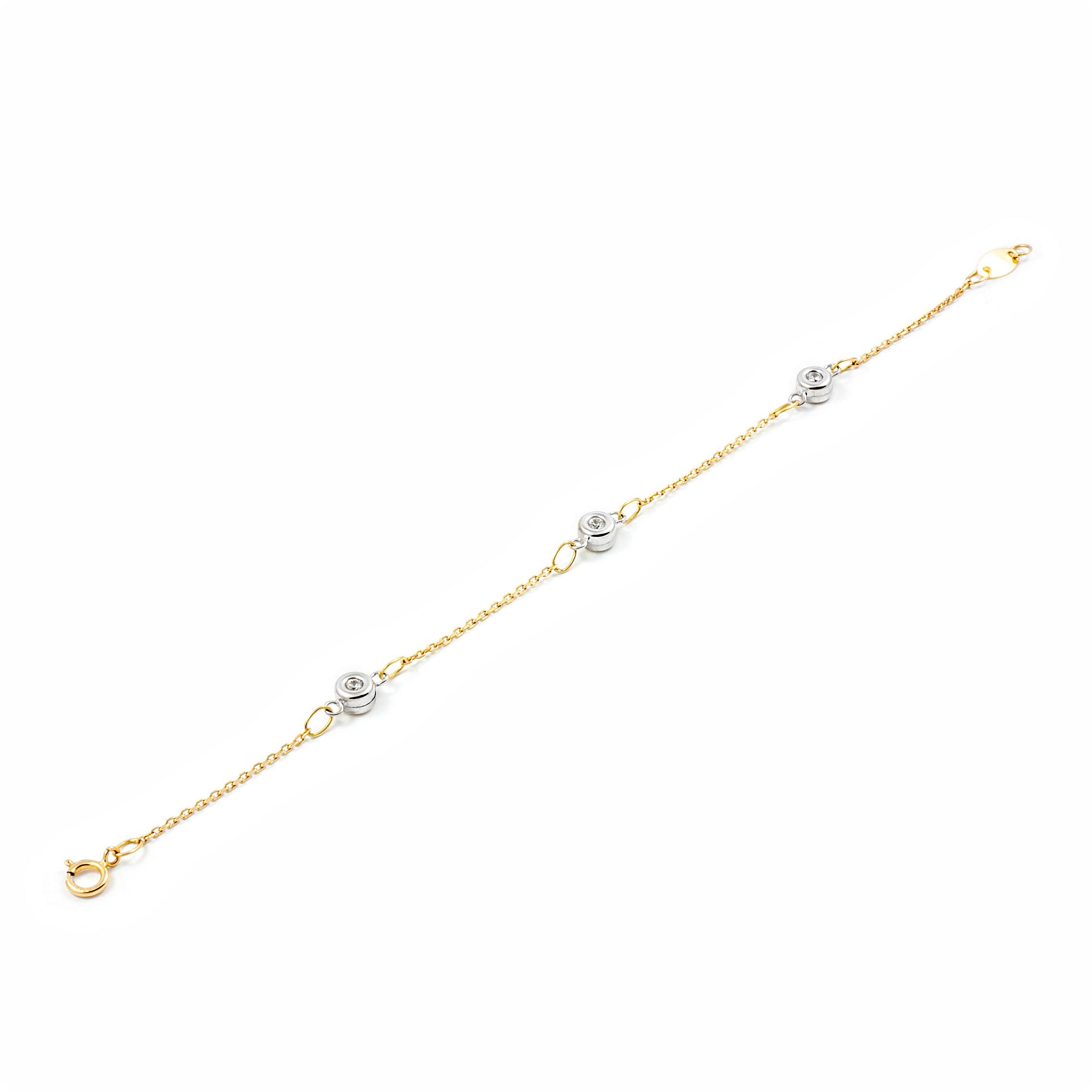 Pulsera Niña Oro Bicolor 18K Charms Redondos Circonita Brillo 15 cm