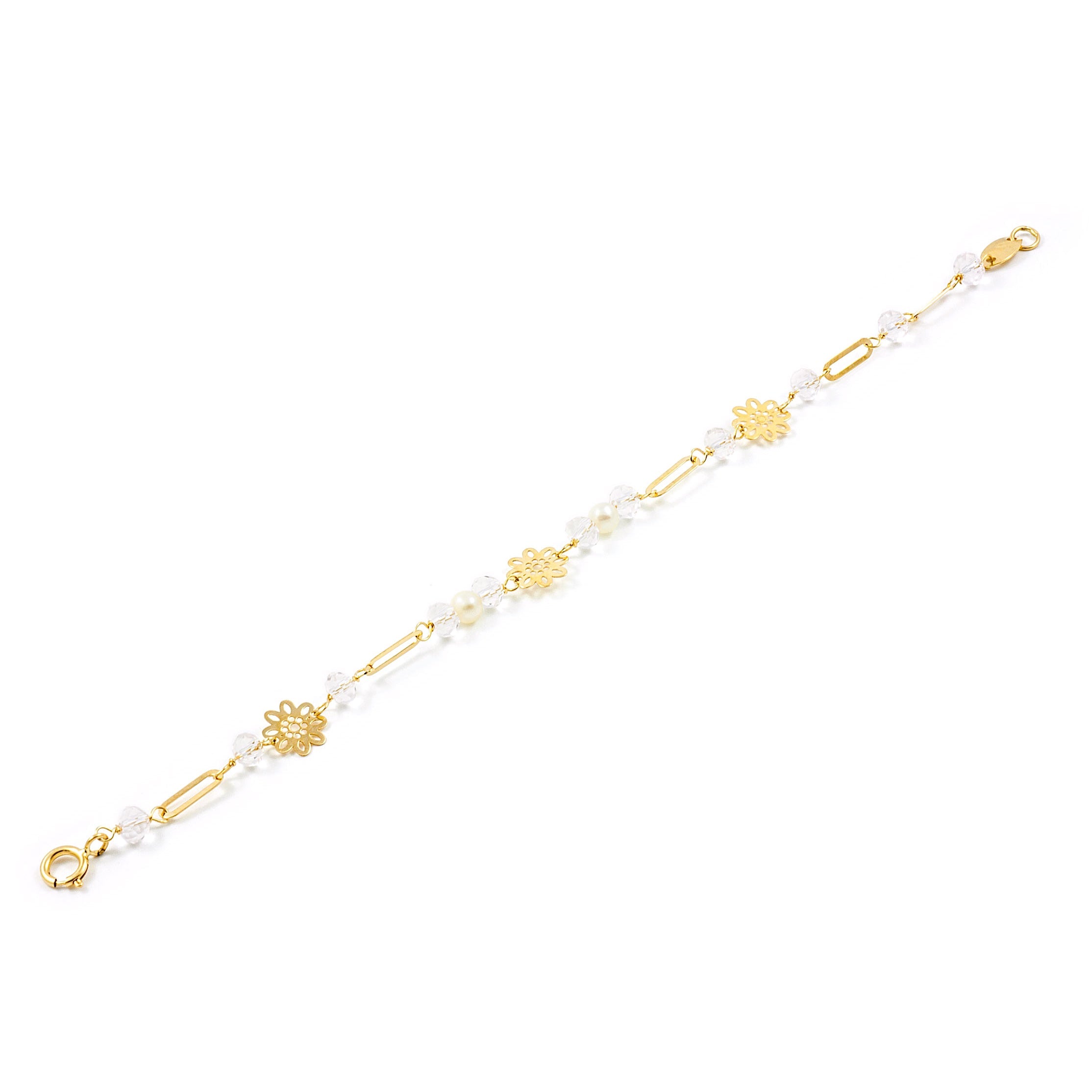 Pulsera Niña Oro Amarillo 18K Perla Redonda 3,5 mm Flores Rosa Brillo 13 cm