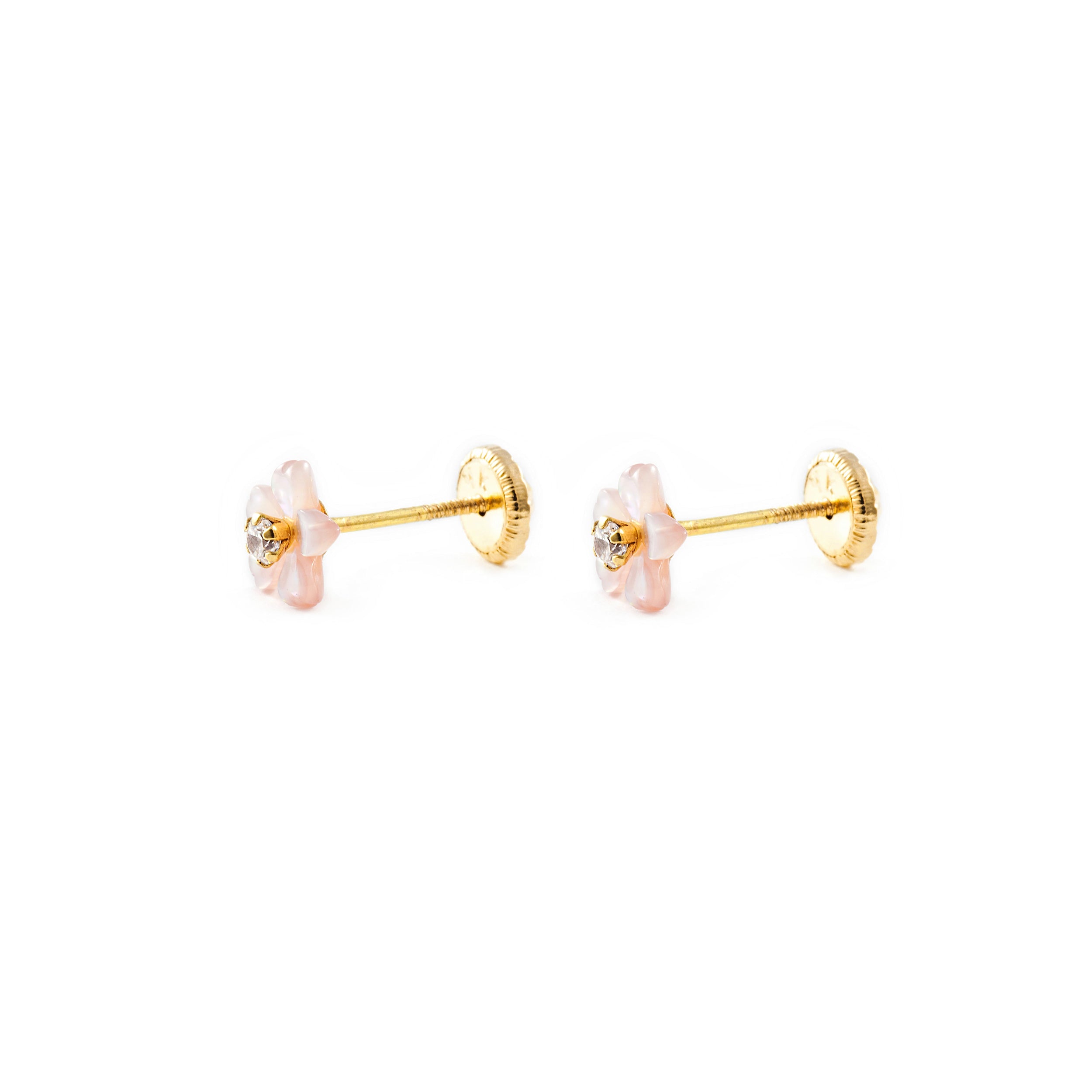 Pendientes bebe o Niña Flor Nacar Rosa 5 Petalos Circon (9kts)