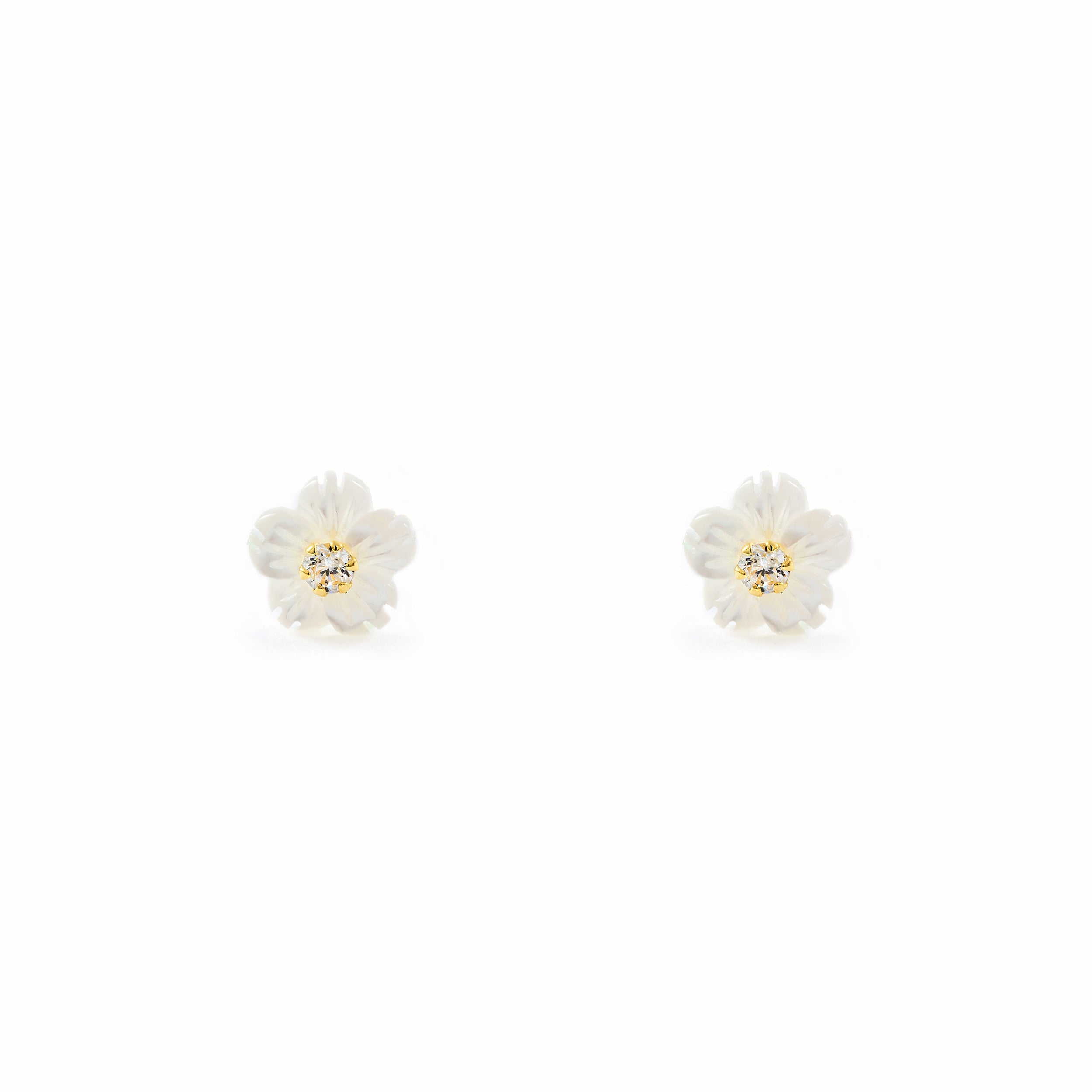 Girl's Earrings 18K Yellow Gold Mother of Pearl Flower Zirconia 2 mm Shine