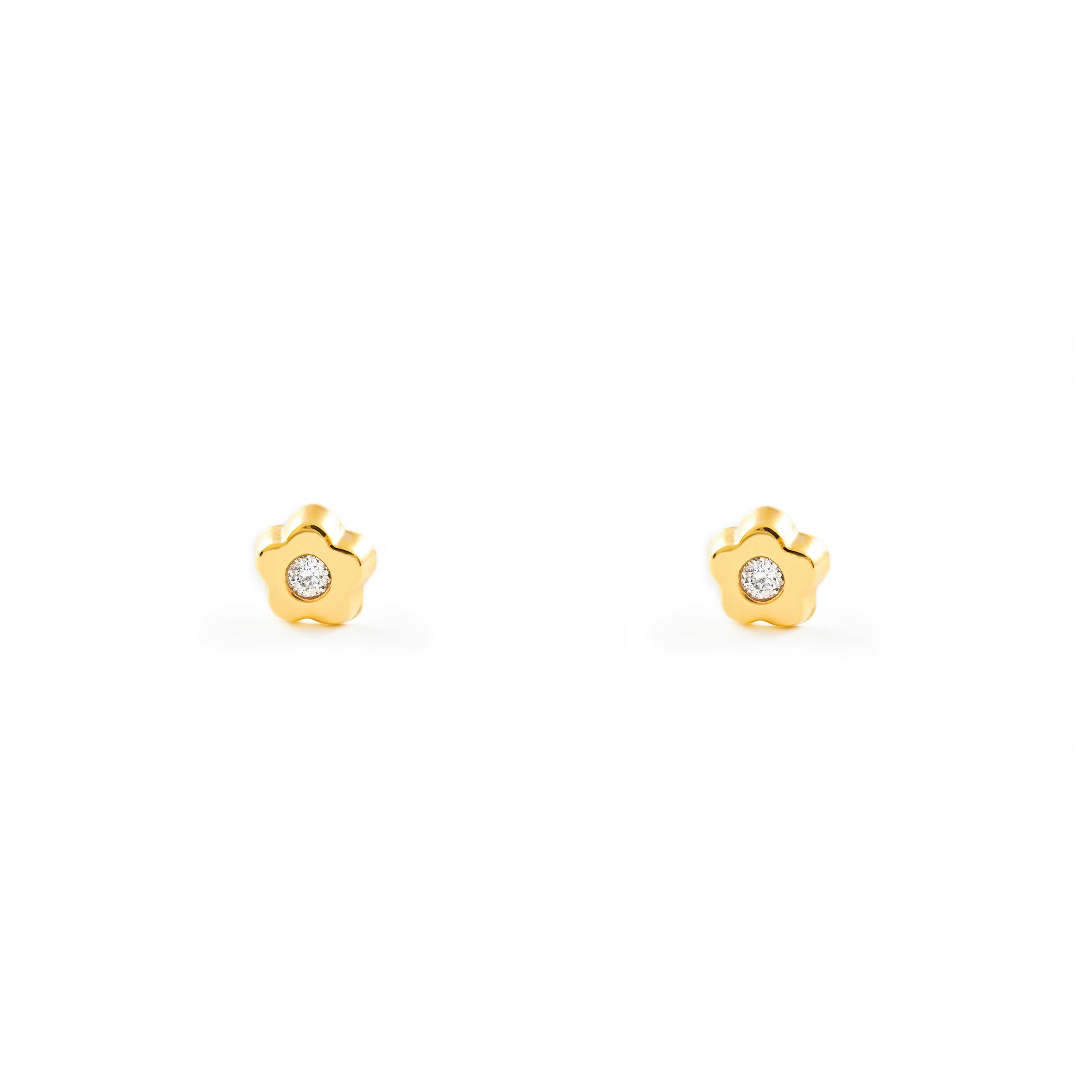 Pendientes Bebe Oro Amarillo 18K Flor Margarita Circonita Brillo