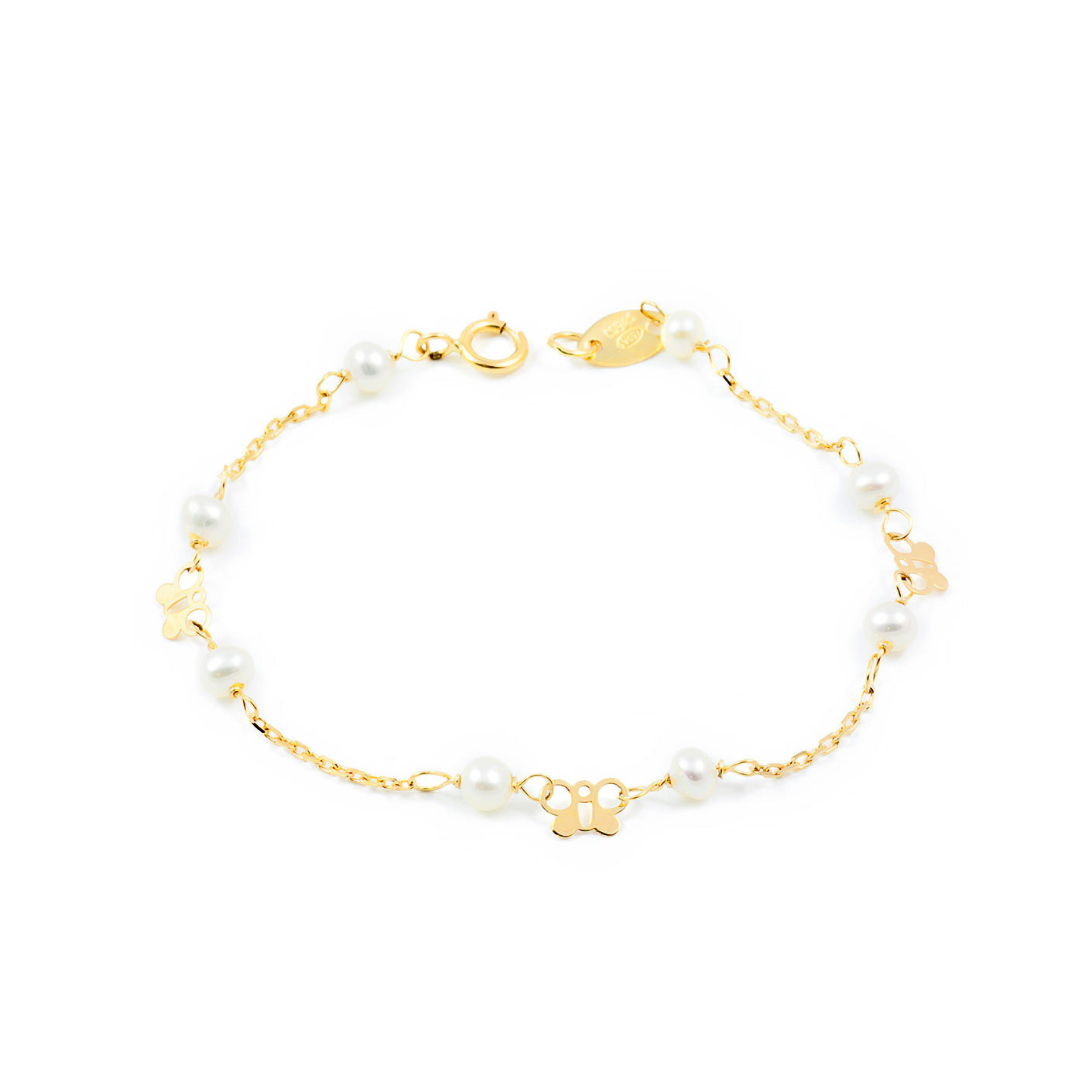 Pulsera Niña Oro Amarillo 18K Perla Redonda 3 mm Mariposa Brillo 13 cm