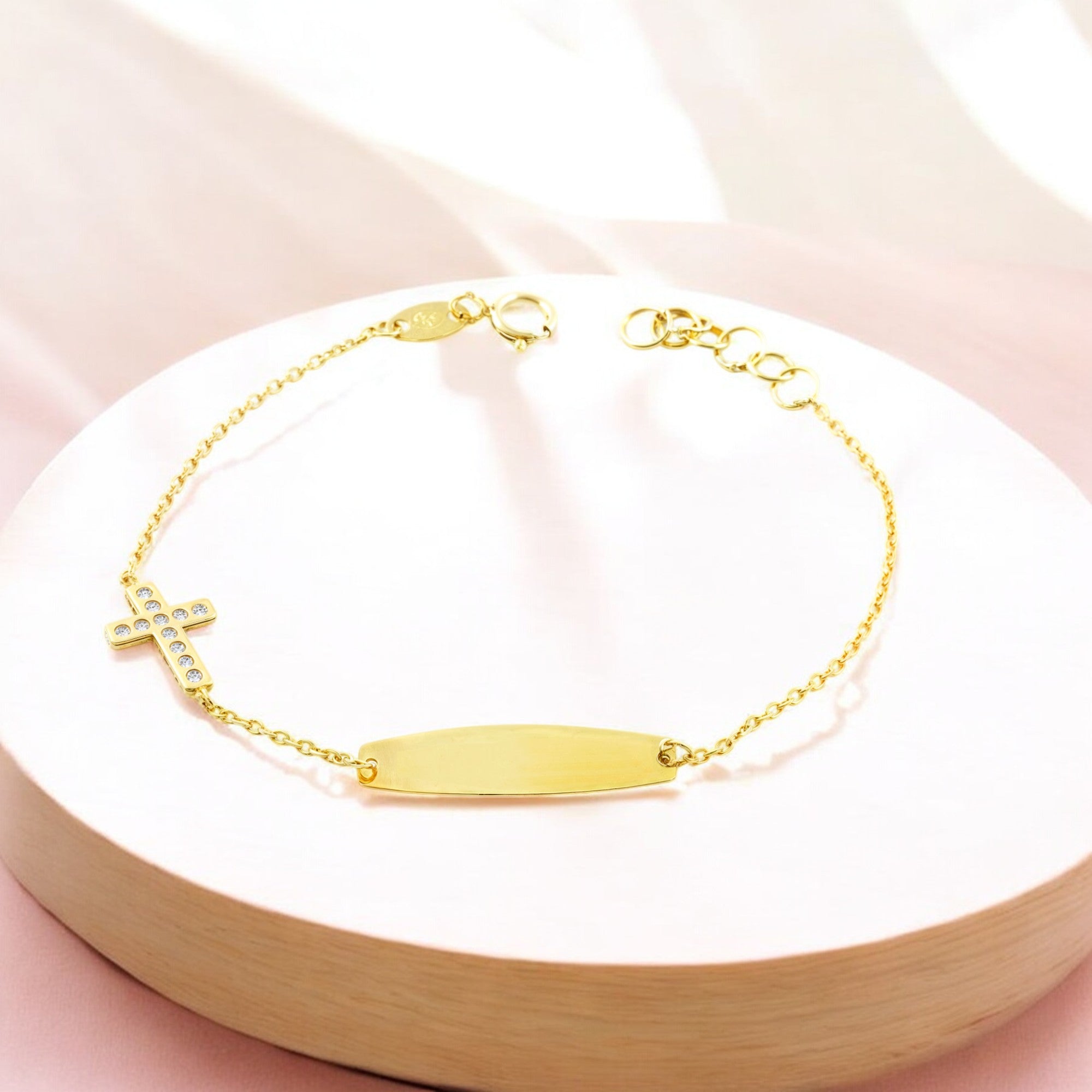 Pulsera Niña Oro Amarillo 9K Personalizada Esclava Cruz horizontal Circonita Brillo 14 cm
