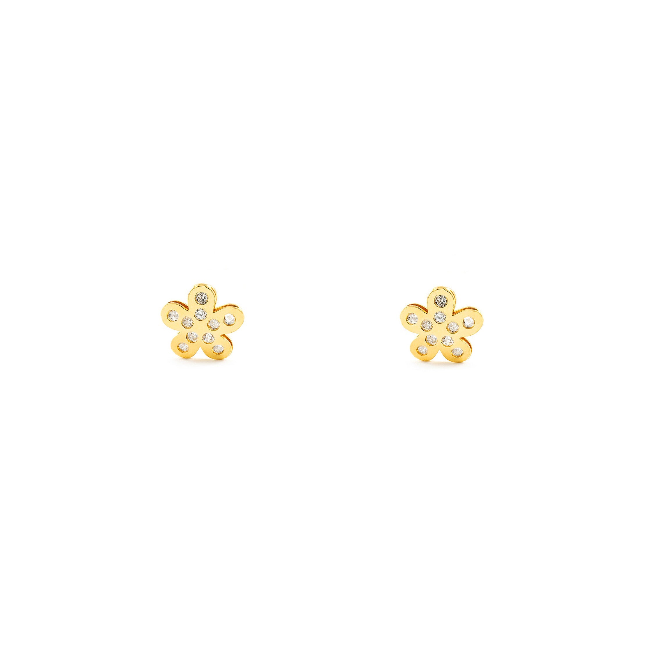 Pendientes Bebe-Niña Oro Amarillo 18K Flor Circonita Brillo