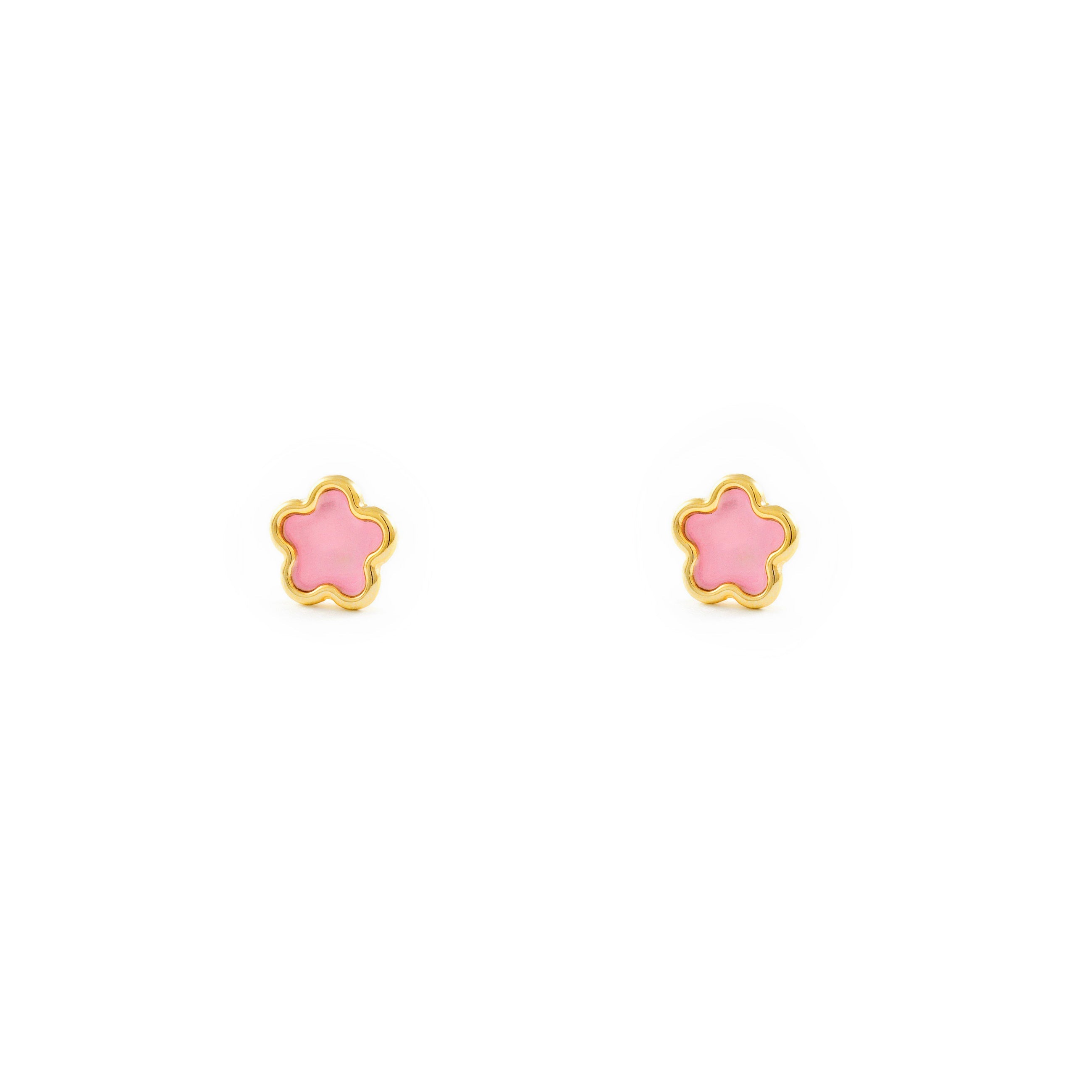 Girl's Earrings 9K Yellow Gold Daisy Flower Shiny Pink Enamel