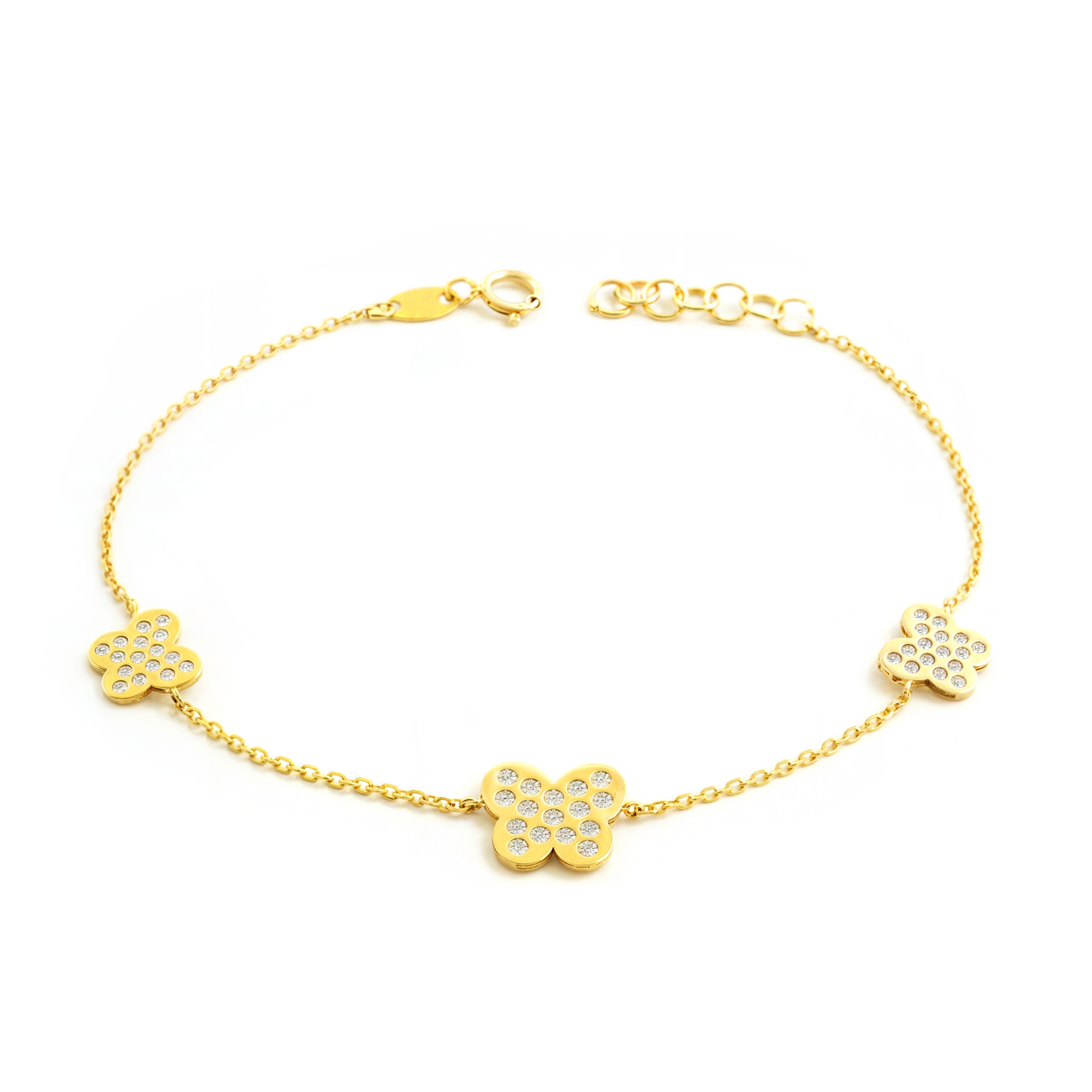Women's-Girls 9K Yellow Gold Bracelet with Shiny Zirconia Butterflies, 18 cm