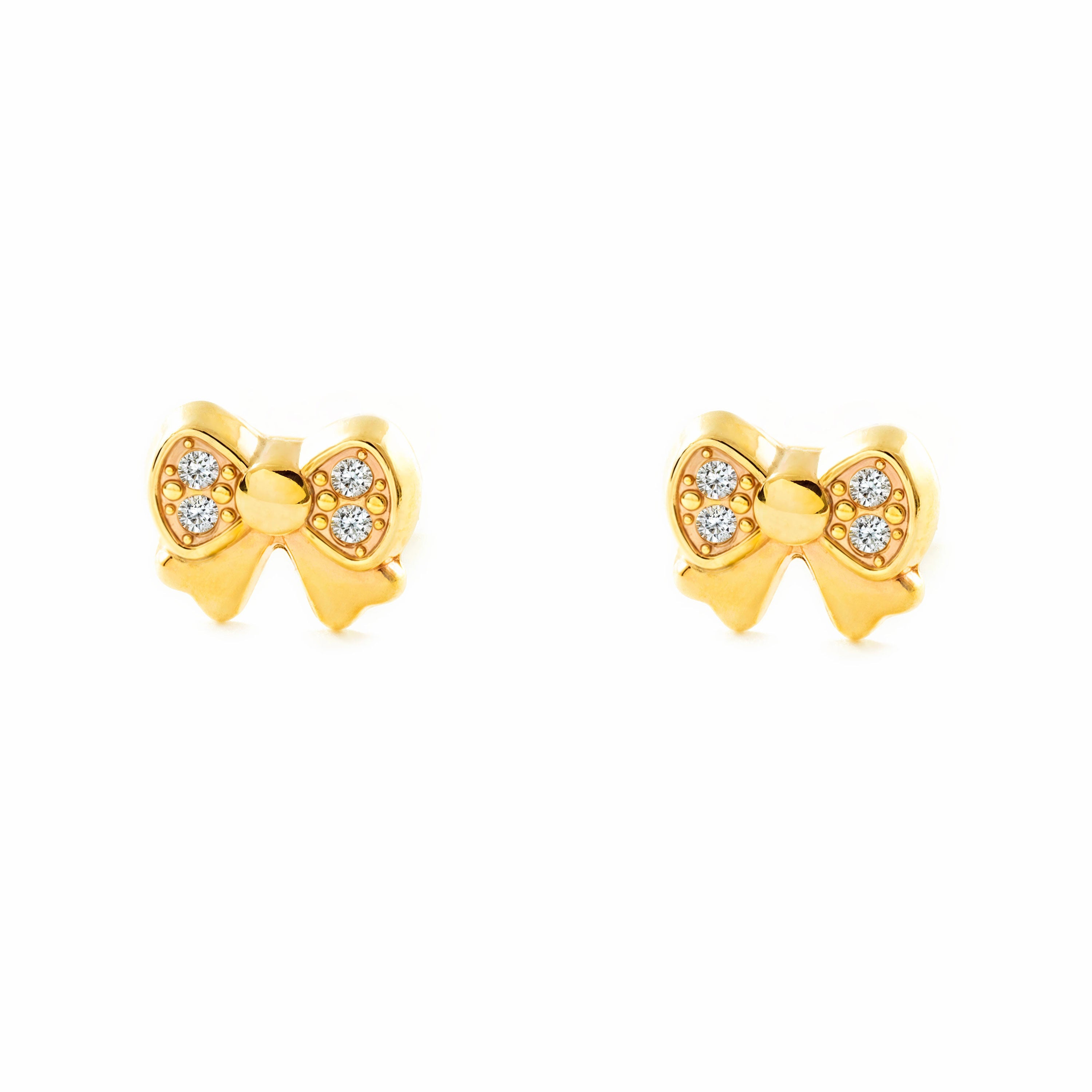 Girl's 9K Yellow Gold Shiny Zirconia Bow Earrings