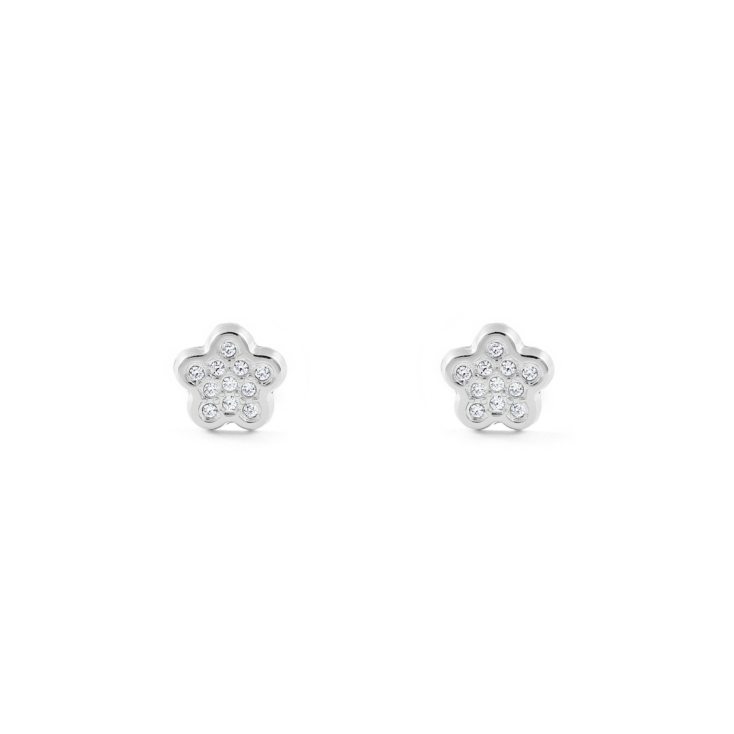 Pendientes Niña Oro Blanco 18K Flor Circonitas Brillo
