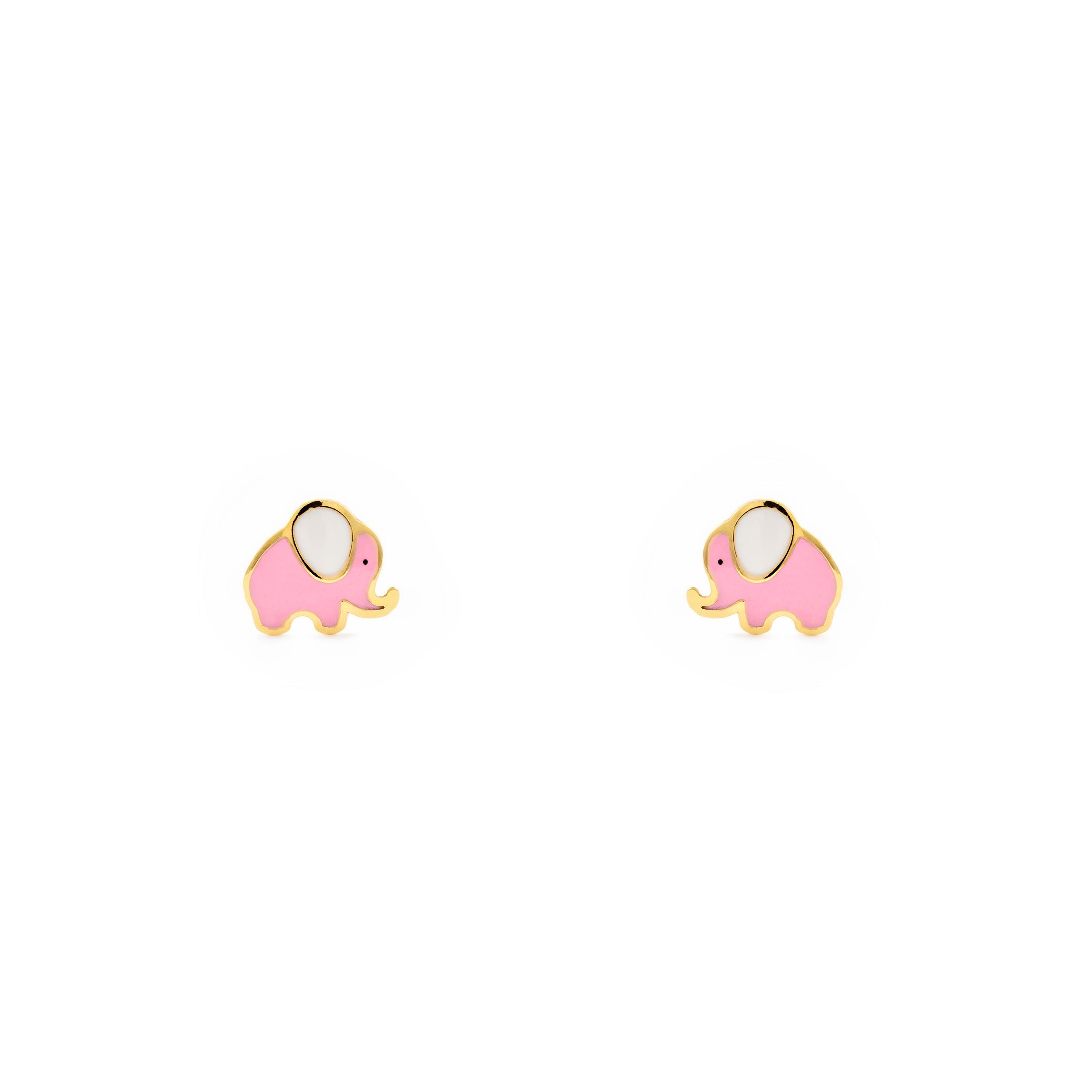 Pendientes Bebe-Niña Oro Amarillo 18K Elefante Esmalte Rosa-Blanco Brillo