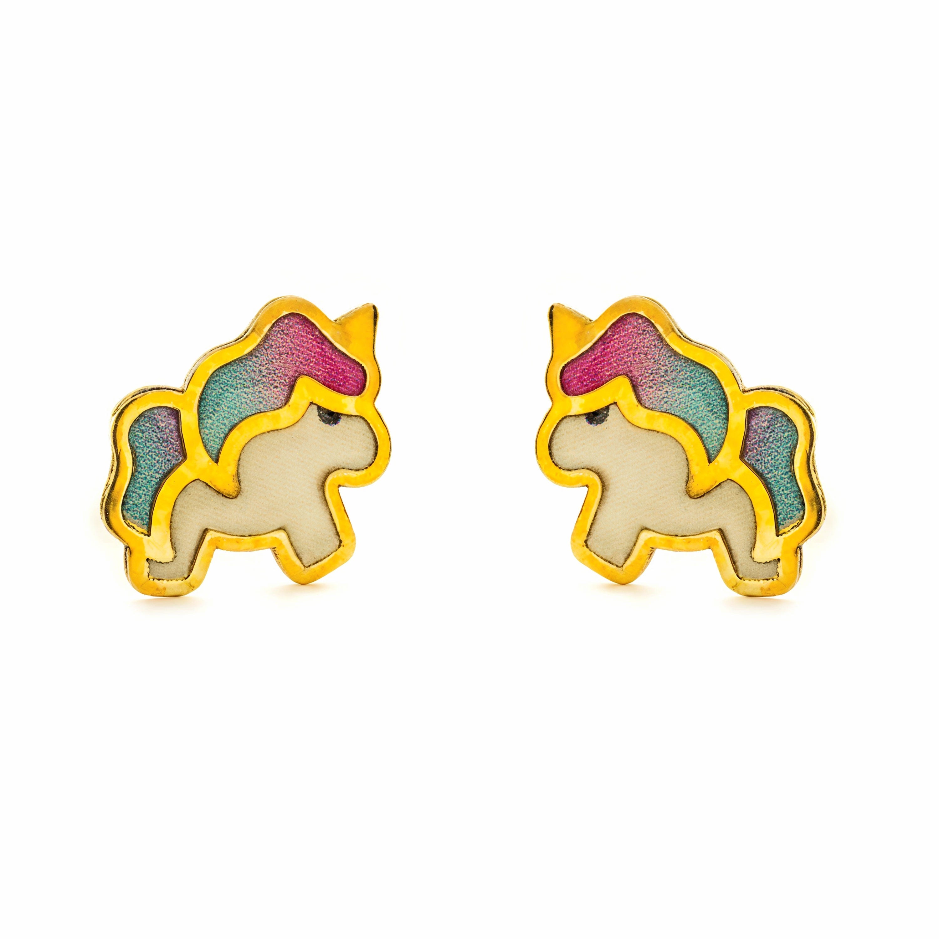Girl's 9K Yellow Gold Unicorn Earrings with Multicolor Shiny Enamel