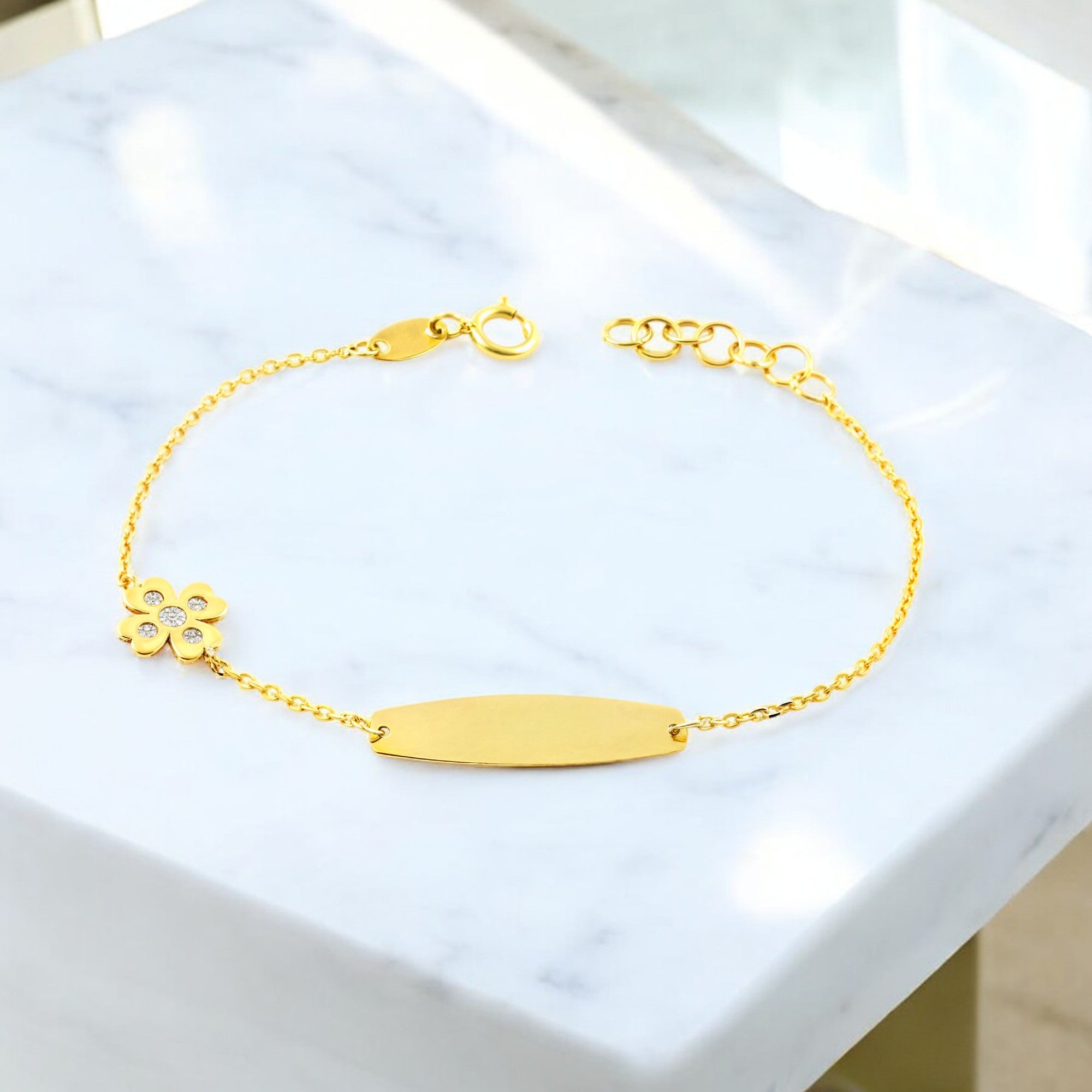 Pulsera Niña Oro Amarillo 9K Cuatrebol Circonita Brillo 14 cm