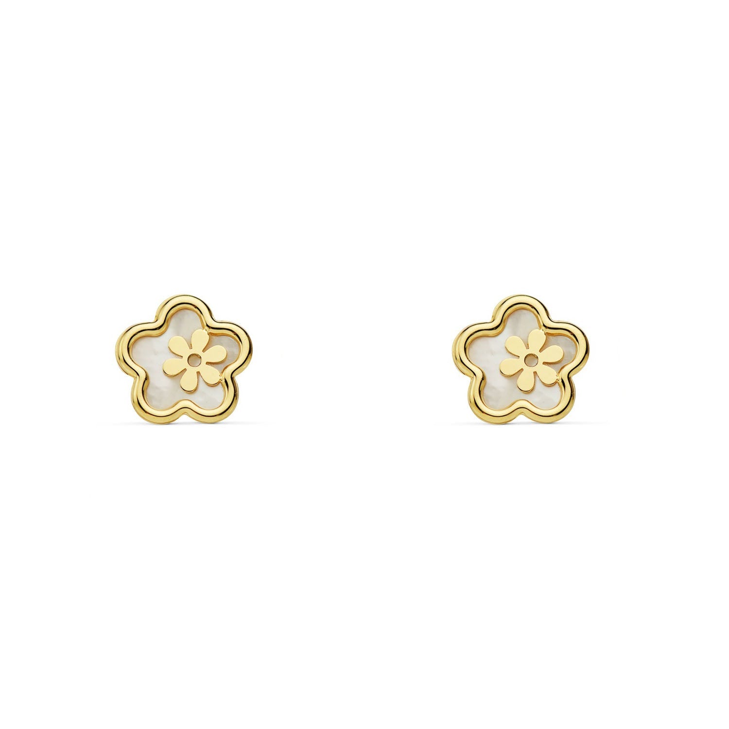 Pendientes Mujer-Niña Oro Amarillo 9K Nacar Flor Margarita Brillo