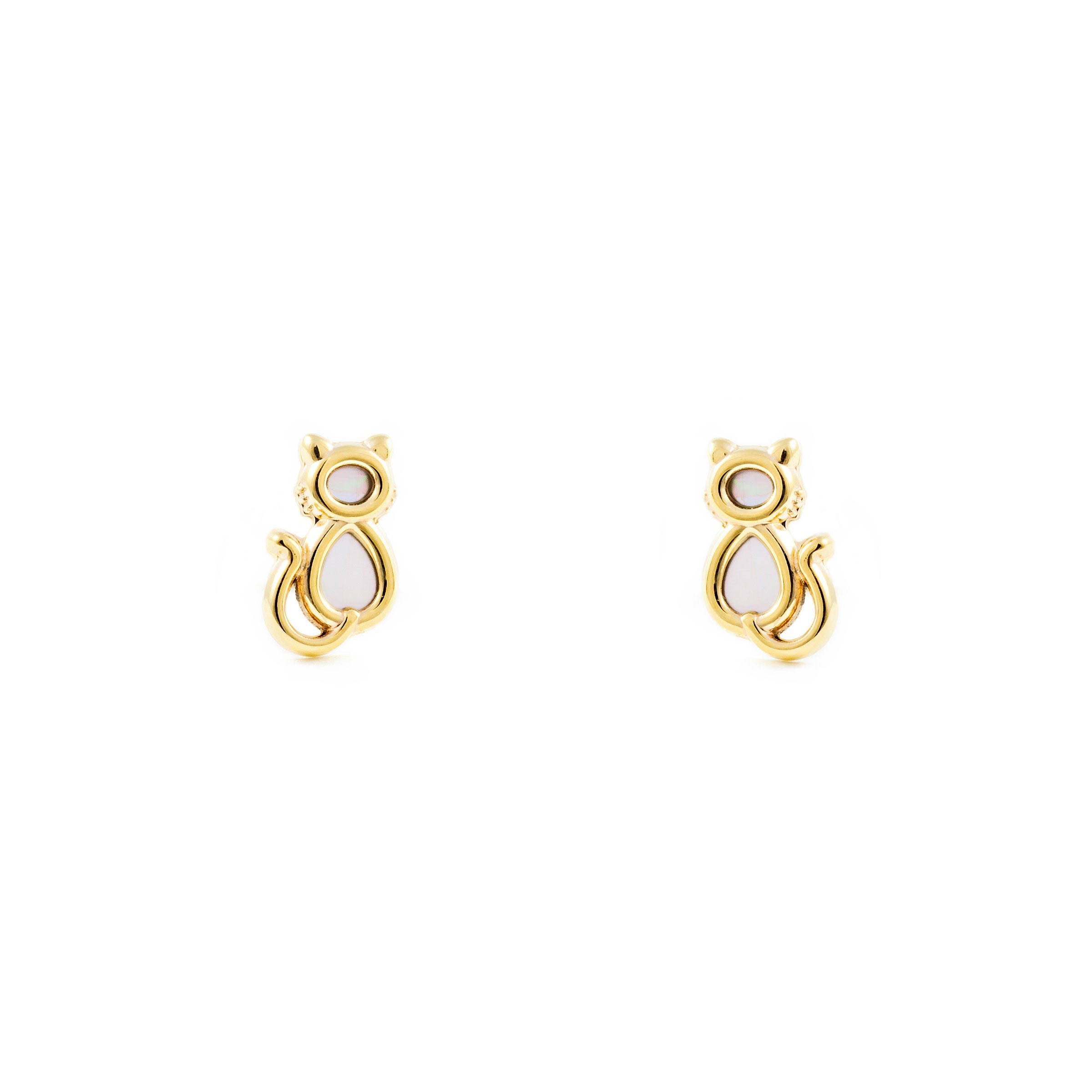 Girl's 9K Yellow Gold Shiny Mother of Pearl Cat Earrings