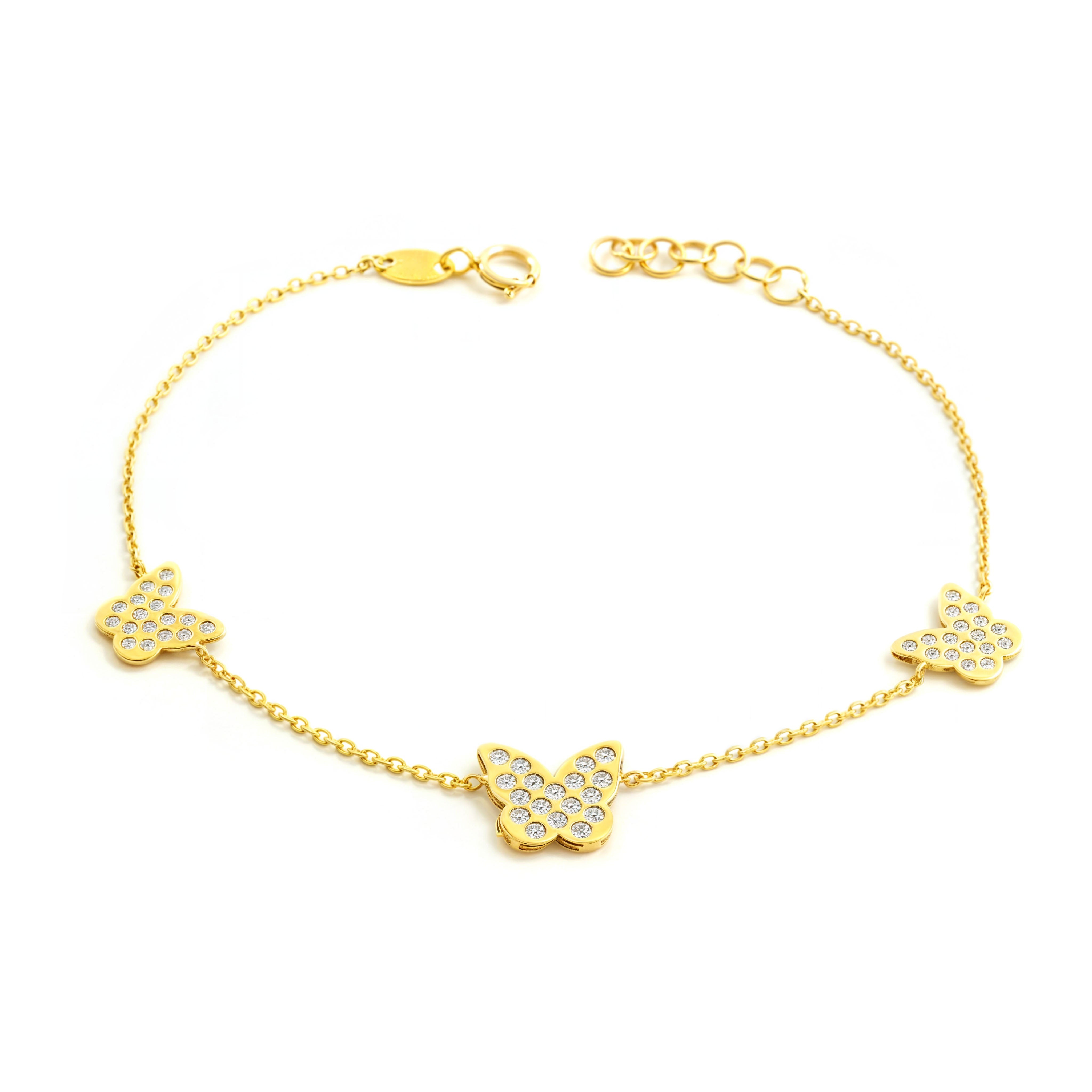 Women's-Girls 9K Yellow Gold Bracelet with Shiny Zirconia Butterflies, 18 cm