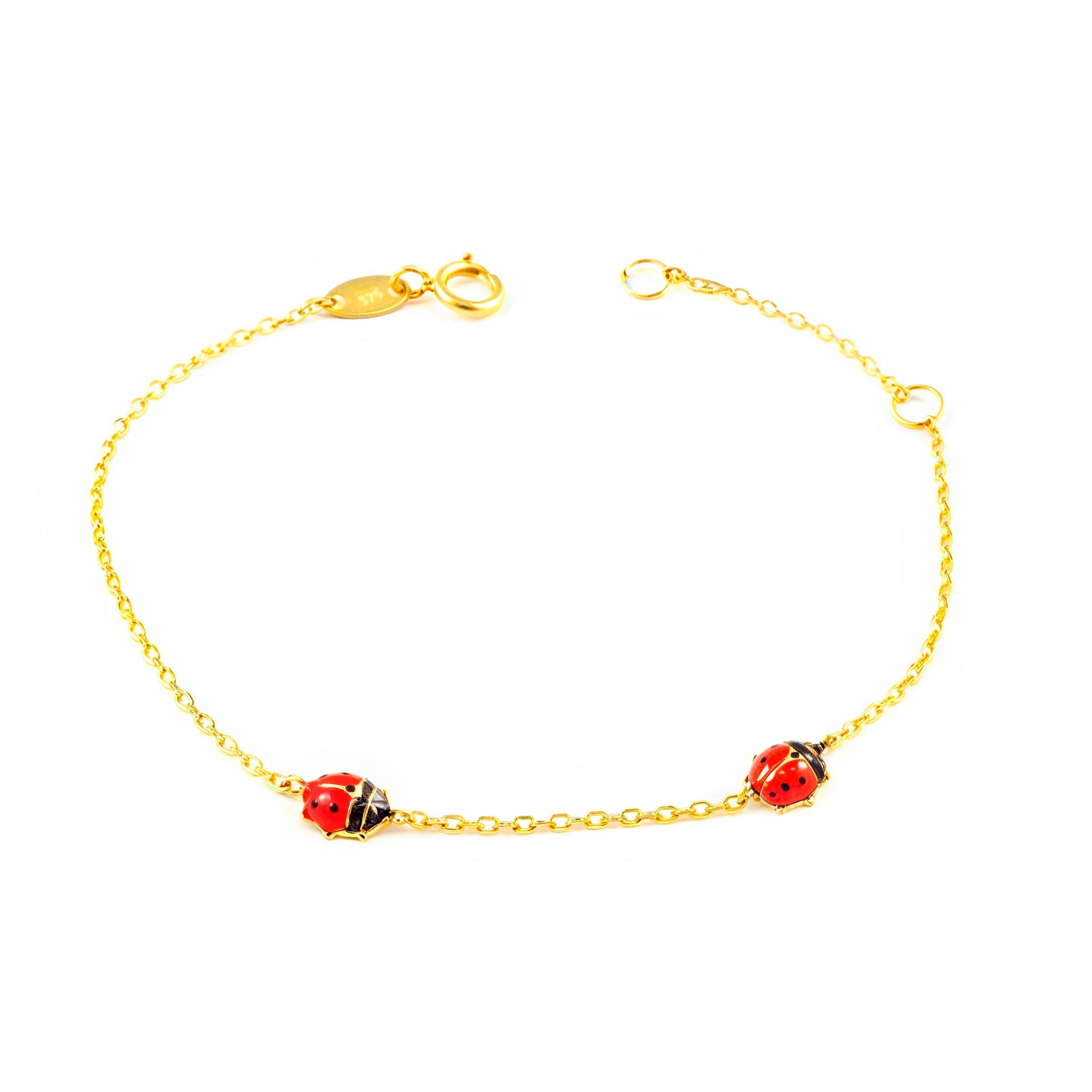 9K Yellow Gold Girl's Bracelet with Red-Black Glossy Ladybug Enamel, 15 cm
