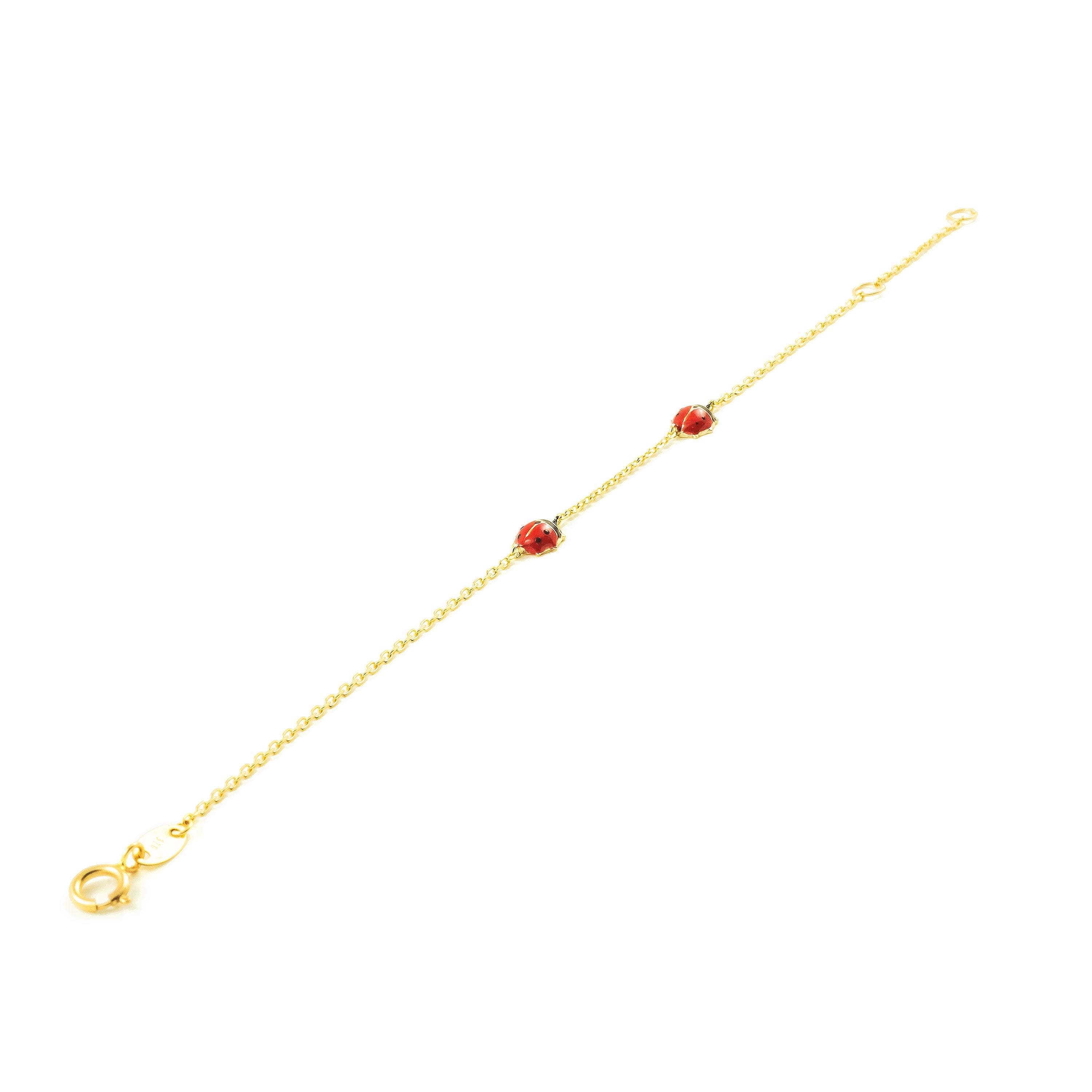 9K Yellow Gold Girl's Bracelet with Red-Black Glossy Ladybug Enamel, 15 cm