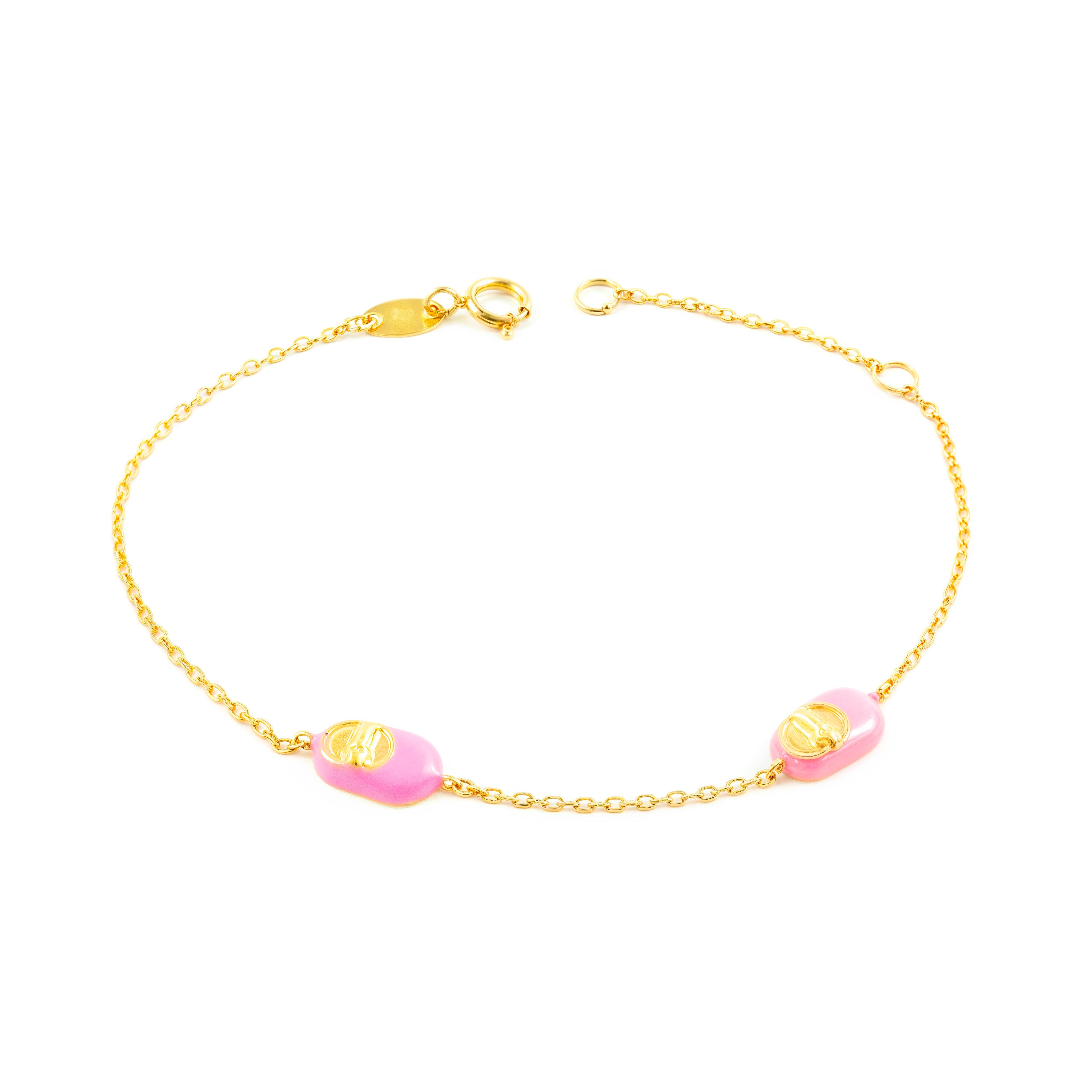 9K Yellow Gold Girl's Bracelet with Pink Shiny Shoe Enamel, 15 cm
