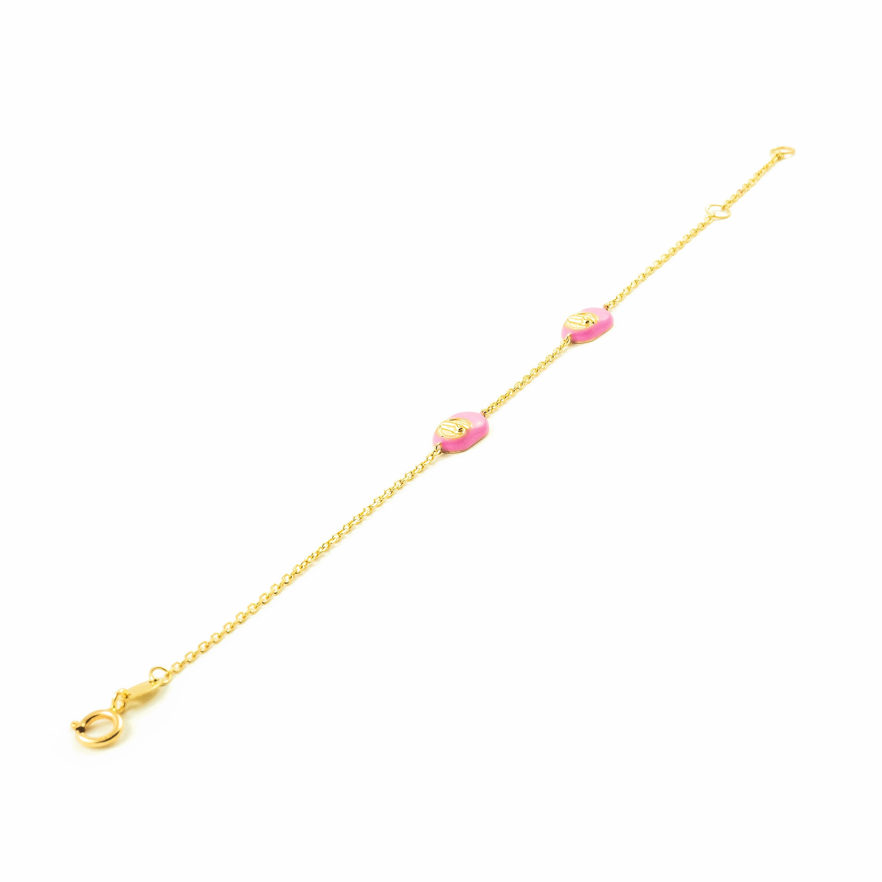 9K Yellow Gold Girl's Bracelet with Pink Shiny Shoe Enamel, 15 cm