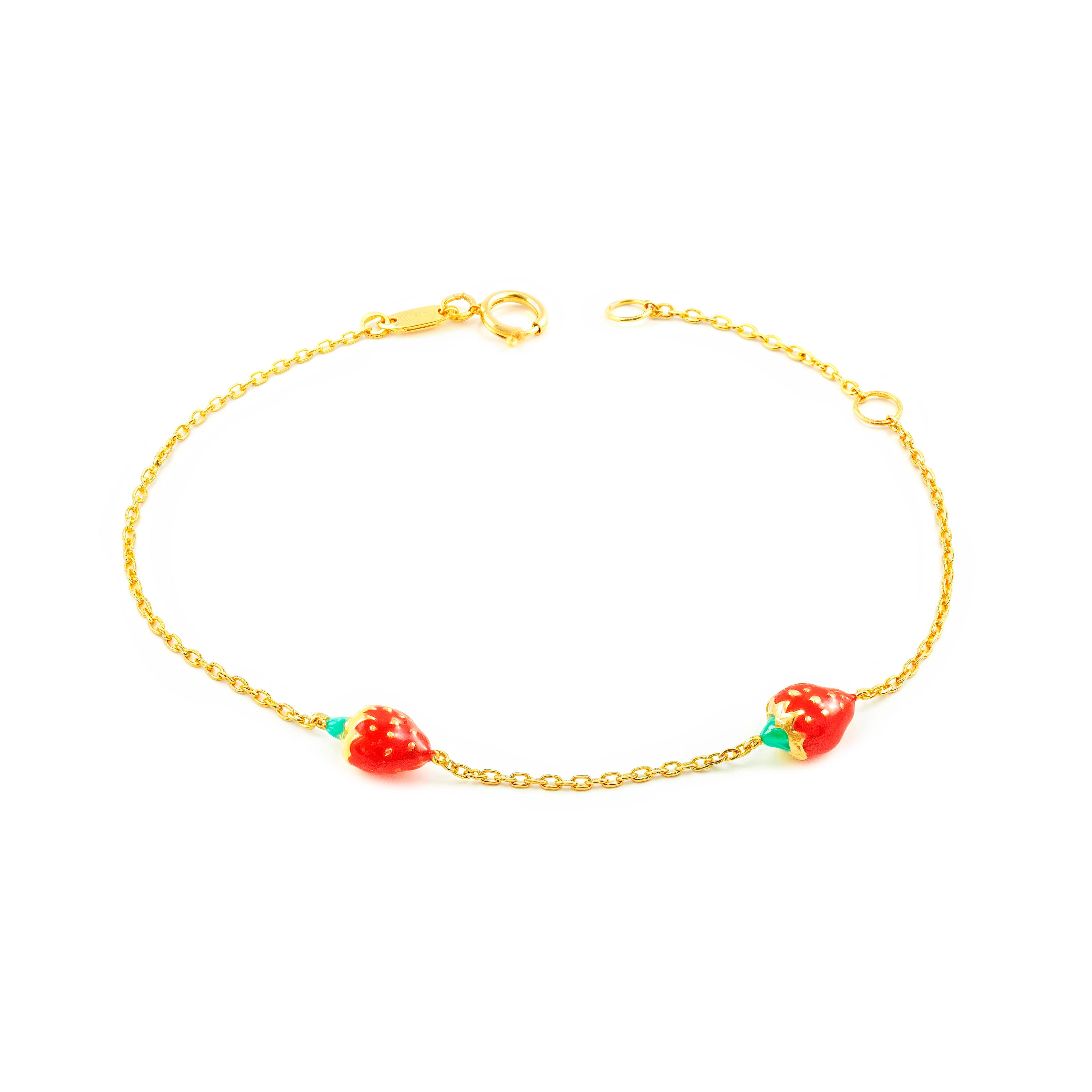 9K Yellow Gold Girl's Bracelet with Multicolored Strawberry Enamel and Shine, 15 cm