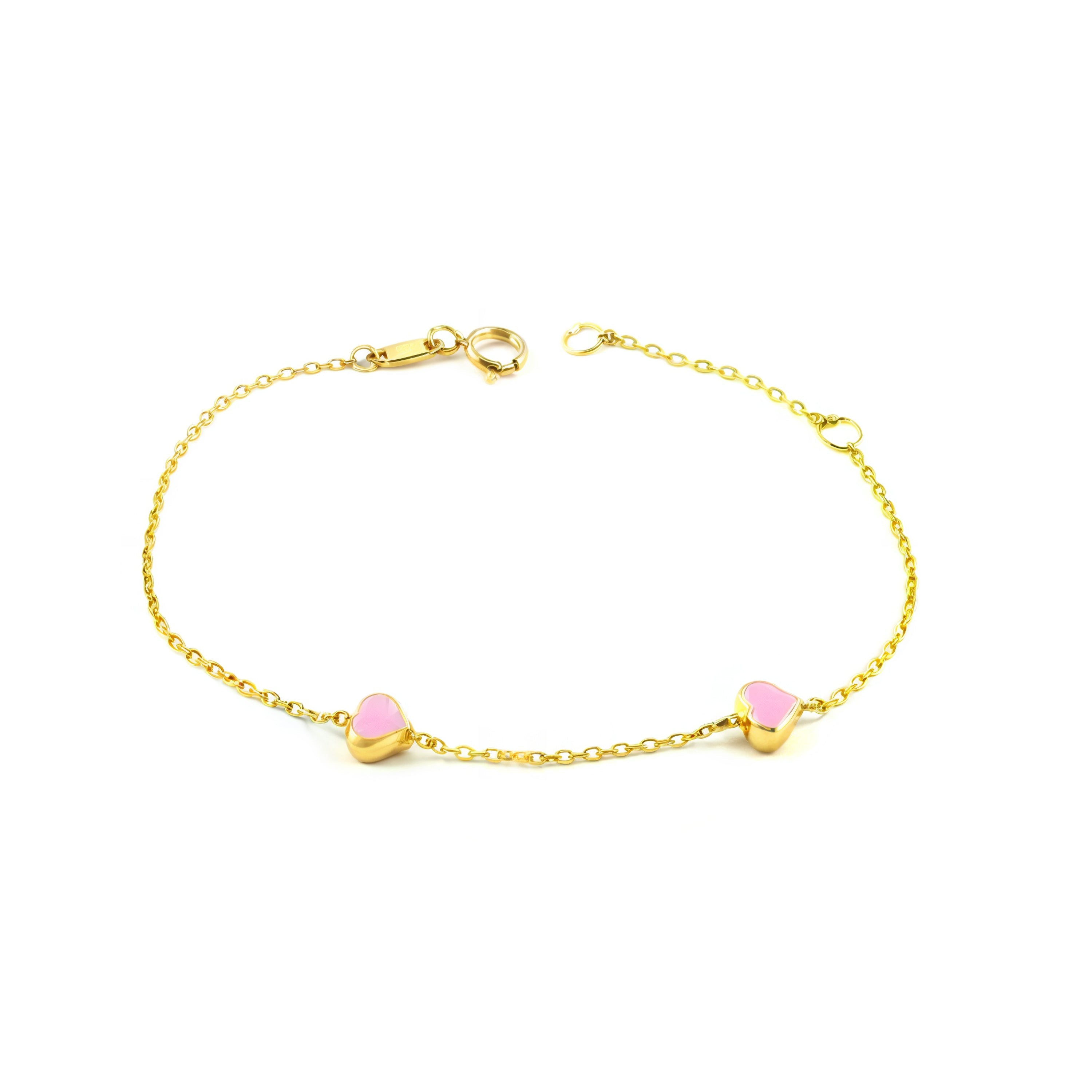 9K Yellow Gold Girl's Bracelet with Pink Glossy Hearts, 15 cm