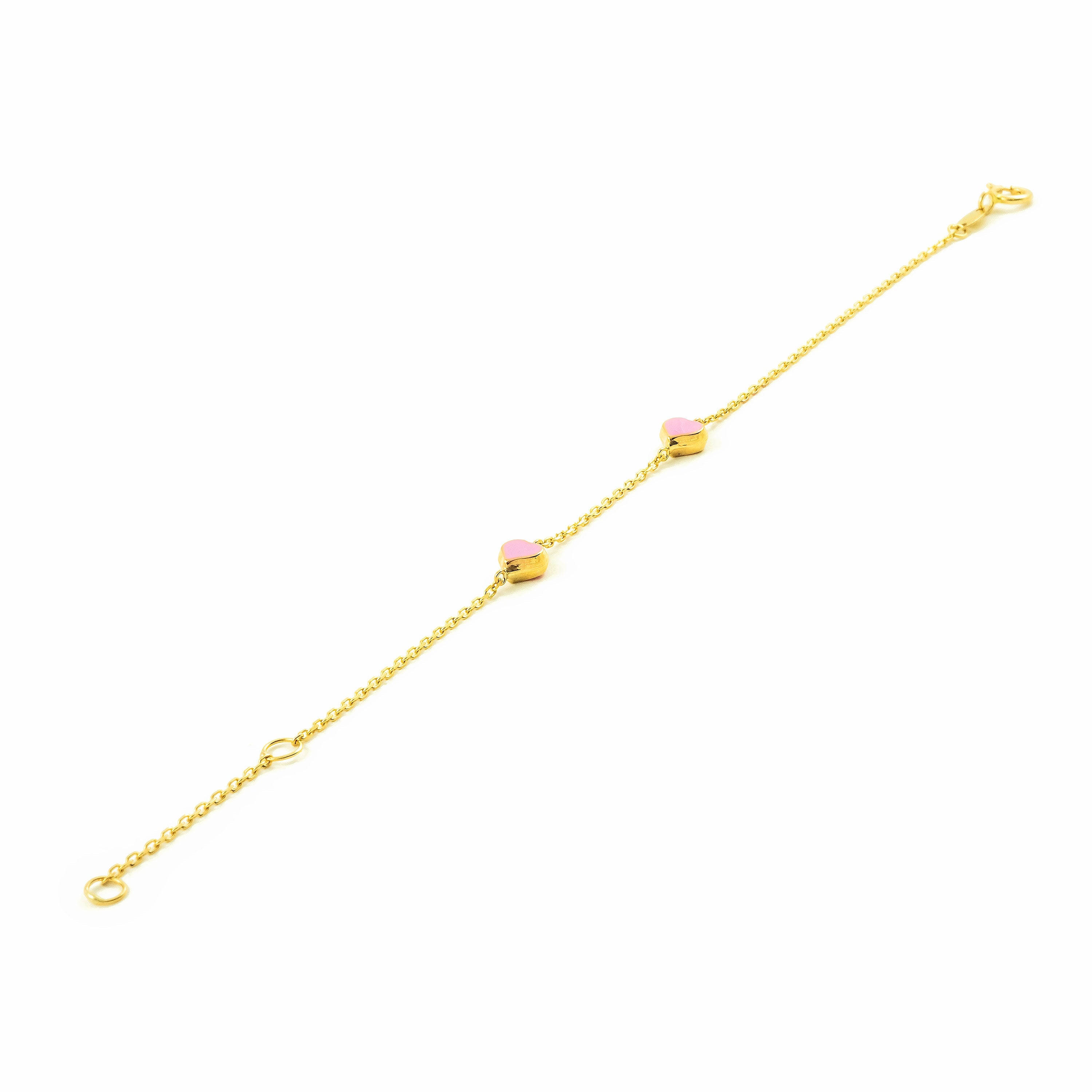 9K Yellow Gold Girl's Bracelet with Pink Glossy Hearts, 15 cm