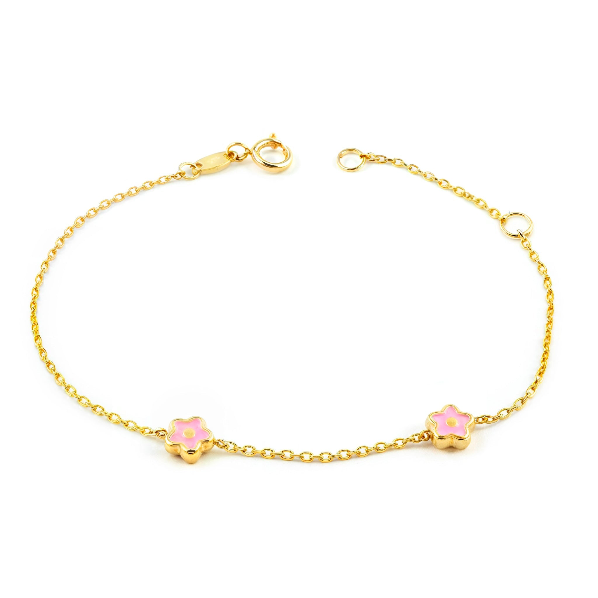9K Yellow Gold Girl's Bracelet with Pink Shiny Flower Enamel, 15 cm