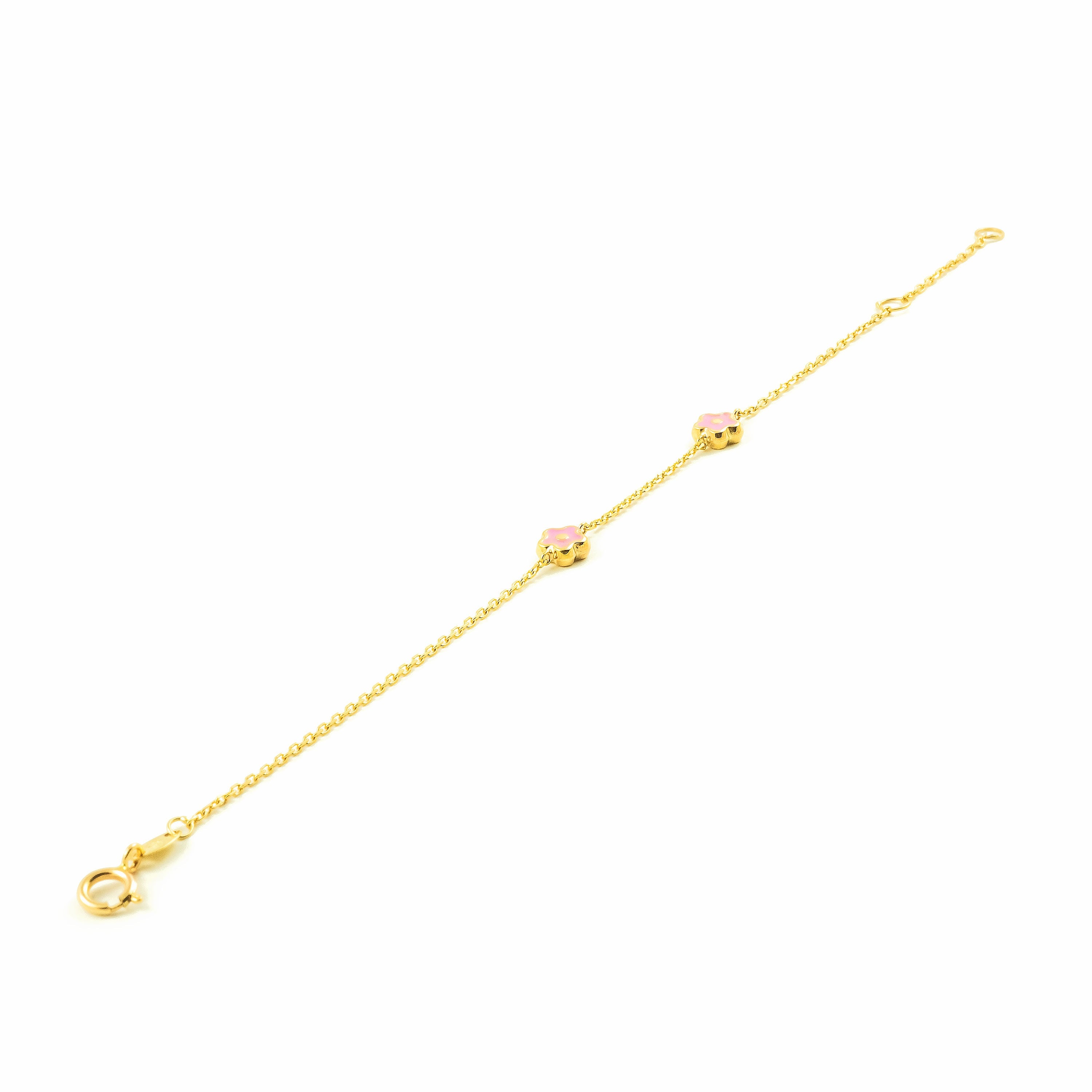 9K Yellow Gold Girl's Bracelet with Pink Shiny Flower Enamel, 15 cm