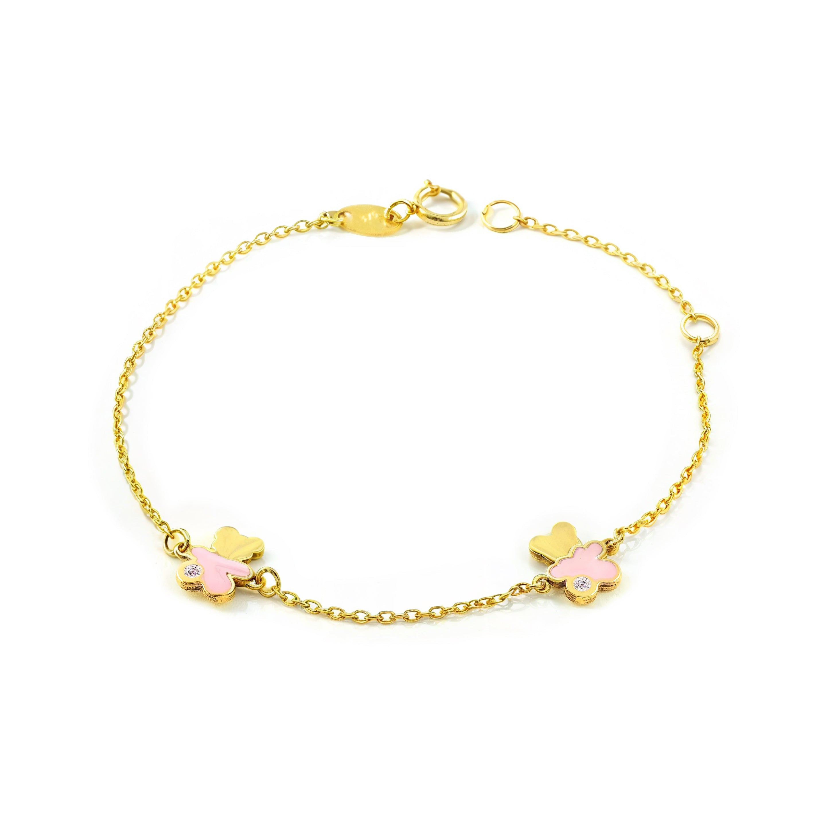 Pulsera Niña Oro Amarillo 9K Esmalte Oso Circonita Rosa Brillo 14 cm