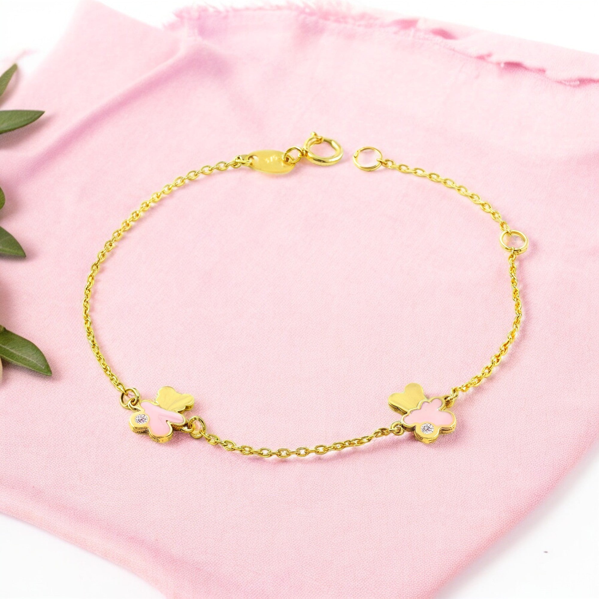 Pulsera Niña Oro Amarillo 9K Esmalte Oso Circonita Rosa Brillo 14 cm