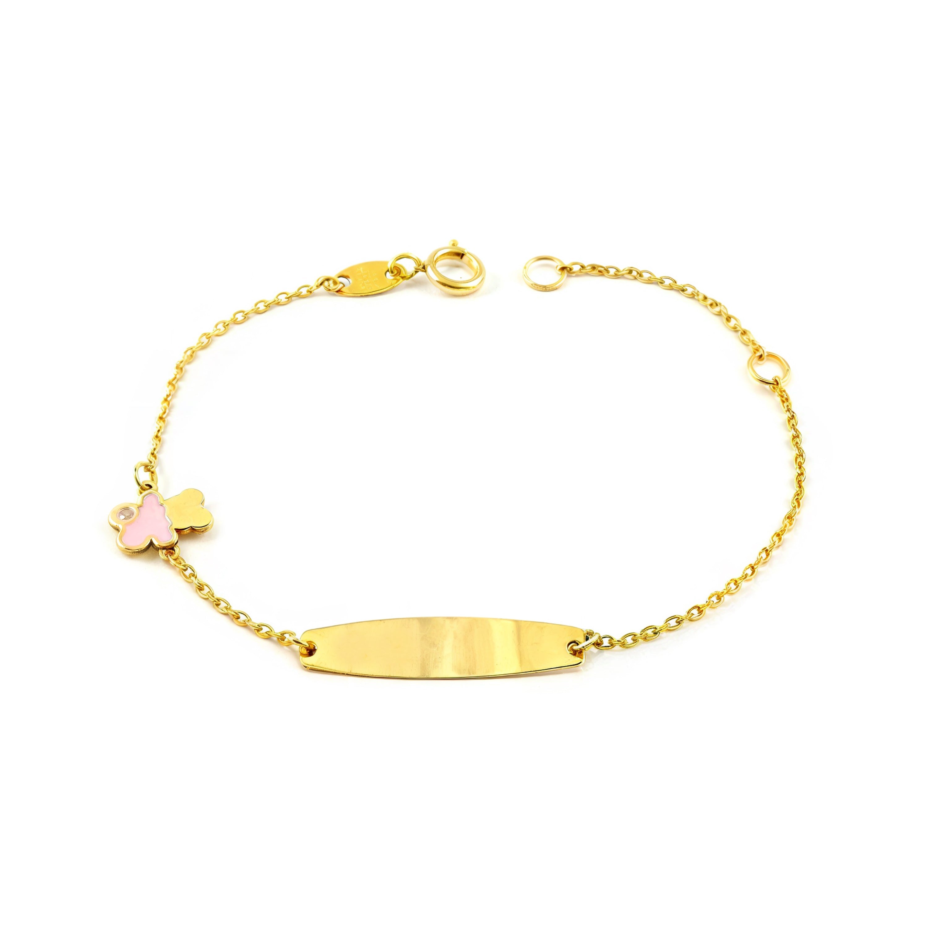 Pulsera Niña Oro Amarillo 9K Personalizada Esclava Oso Circonita Rosa Brillo 14 cm
