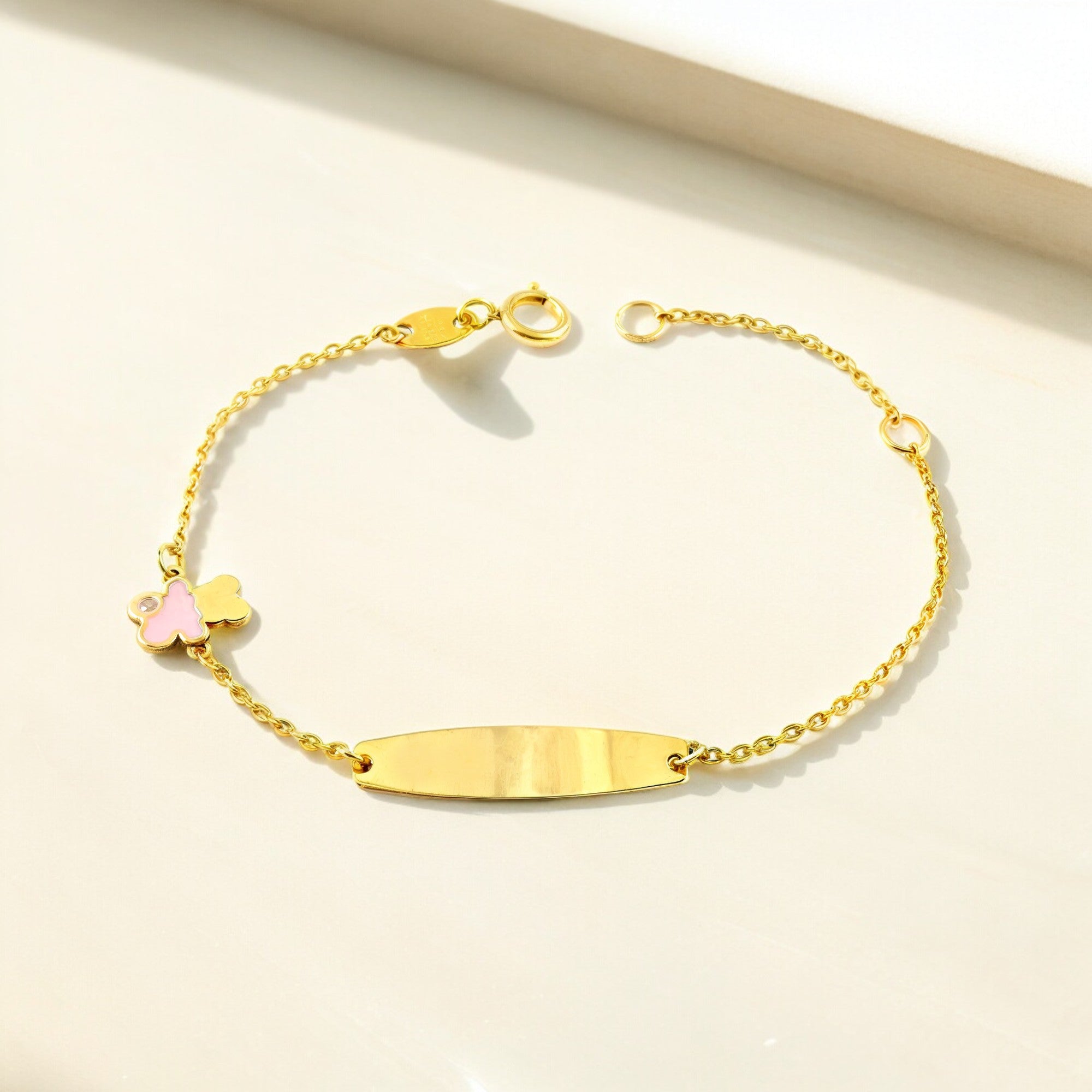 Pulsera Niña Oro Amarillo 9K Personalizada Esclava Oso Circonita Rosa Brillo 14 cm