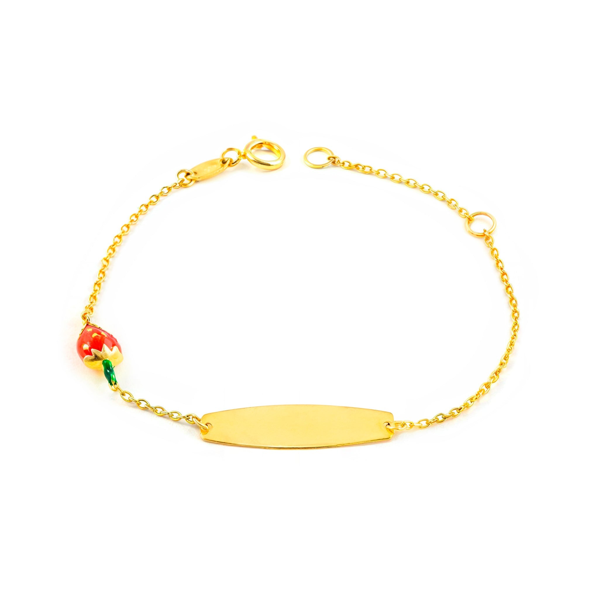 9K Yellow Gold Girl's Bracelet with Enamel and Red-Green Glossy Strawberries, 14 cm
