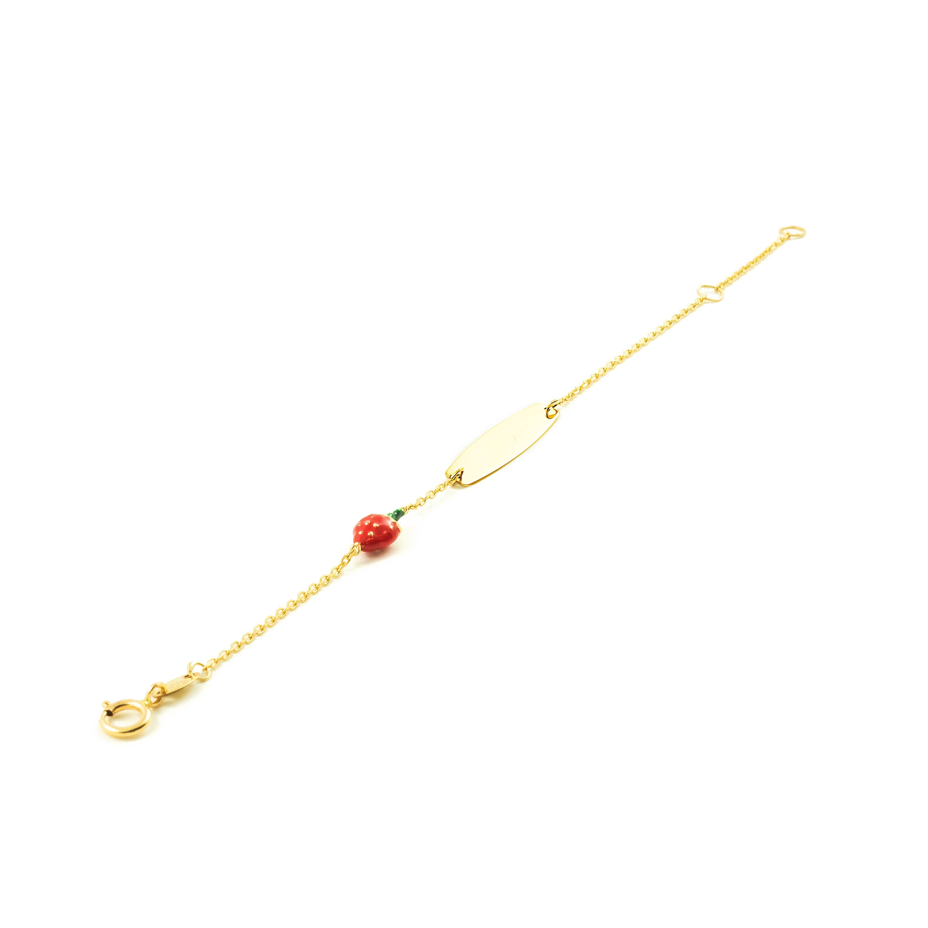 9K Yellow Gold Girl's Bracelet with Enamel and Red-Green Glossy Strawberries, 14 cm
