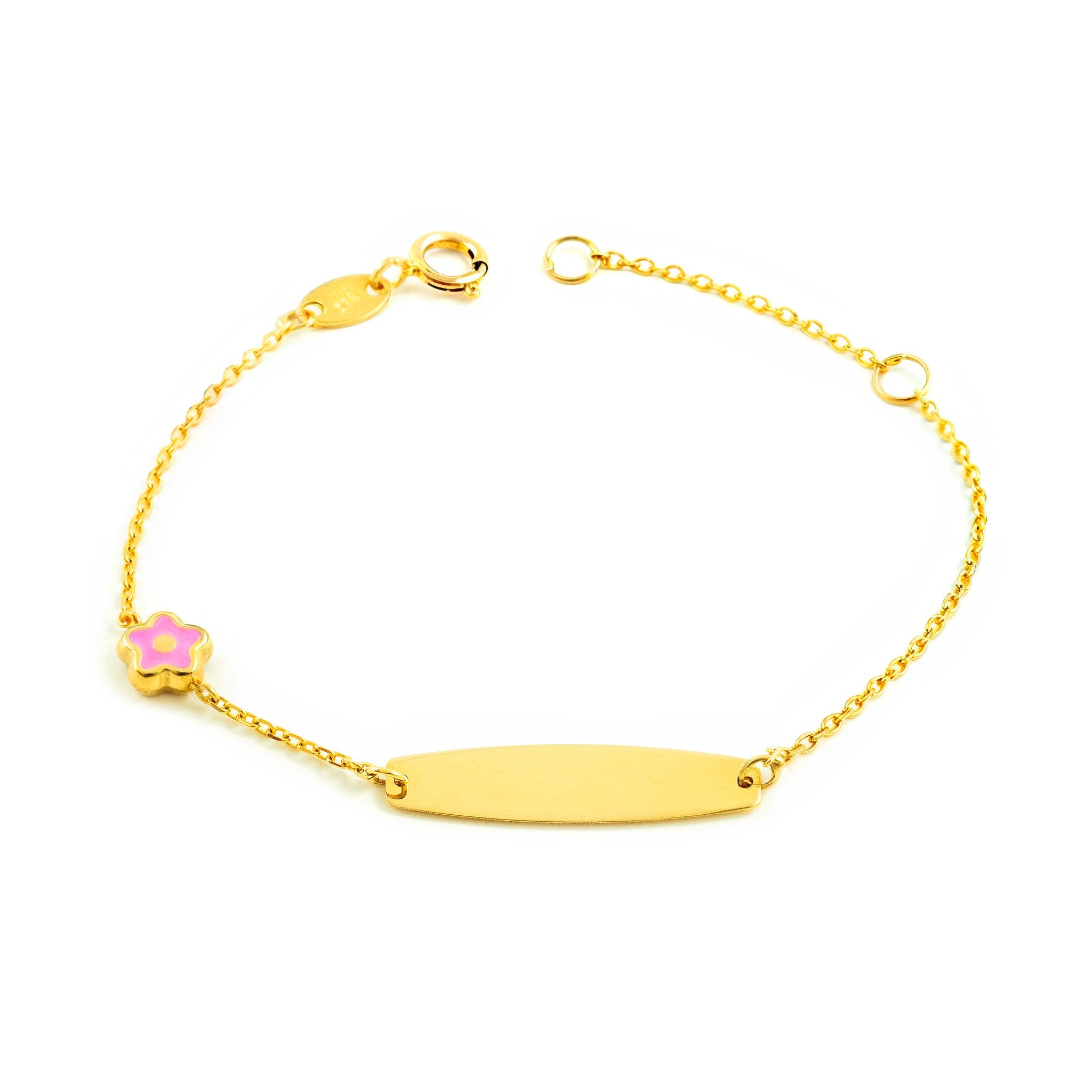 9K Yellow Gold Girl's Bracelet with Pink Shiny Flower Enamel, 14 cm