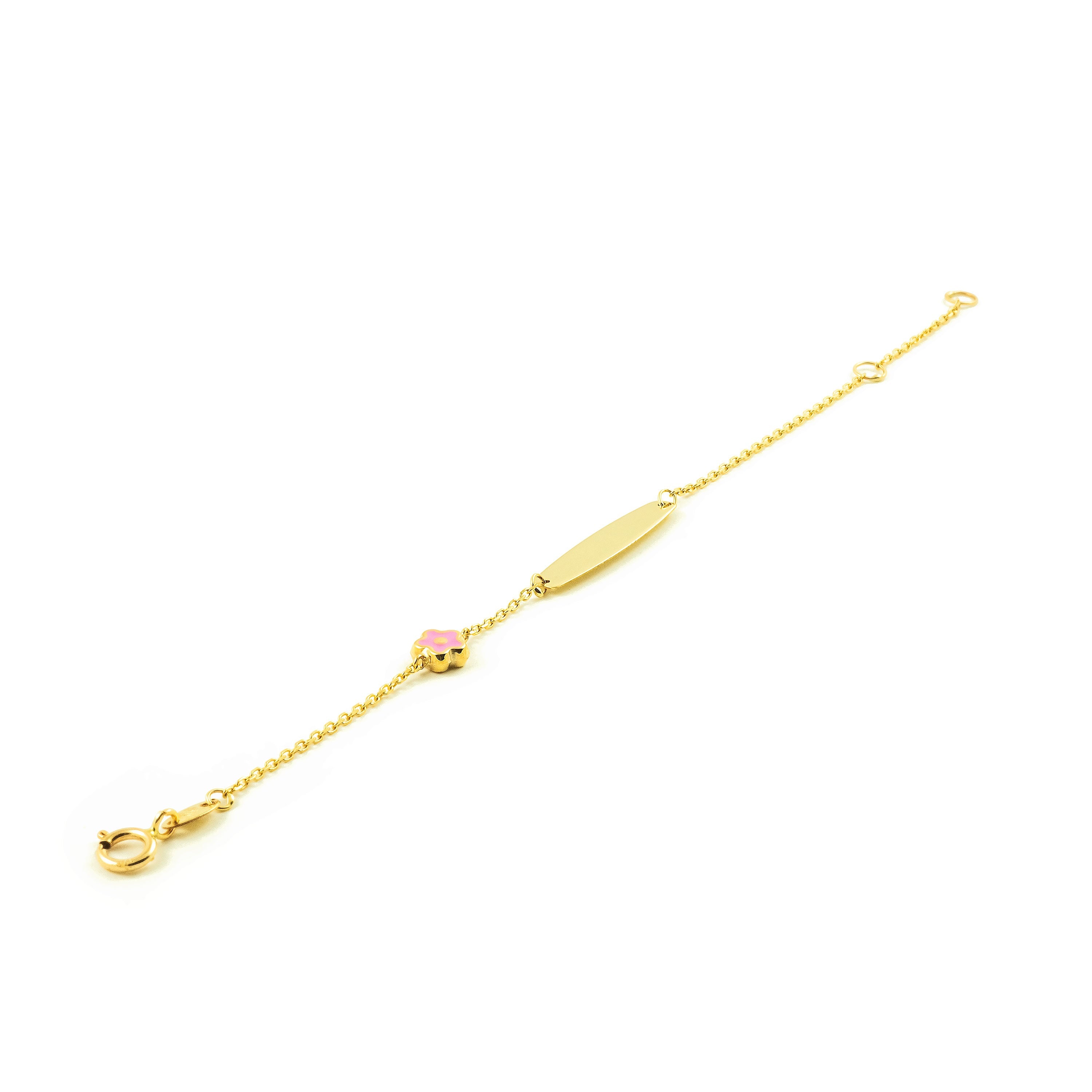 9K Yellow Gold Girl's Bracelet with Pink Shiny Flower Enamel, 14 cm