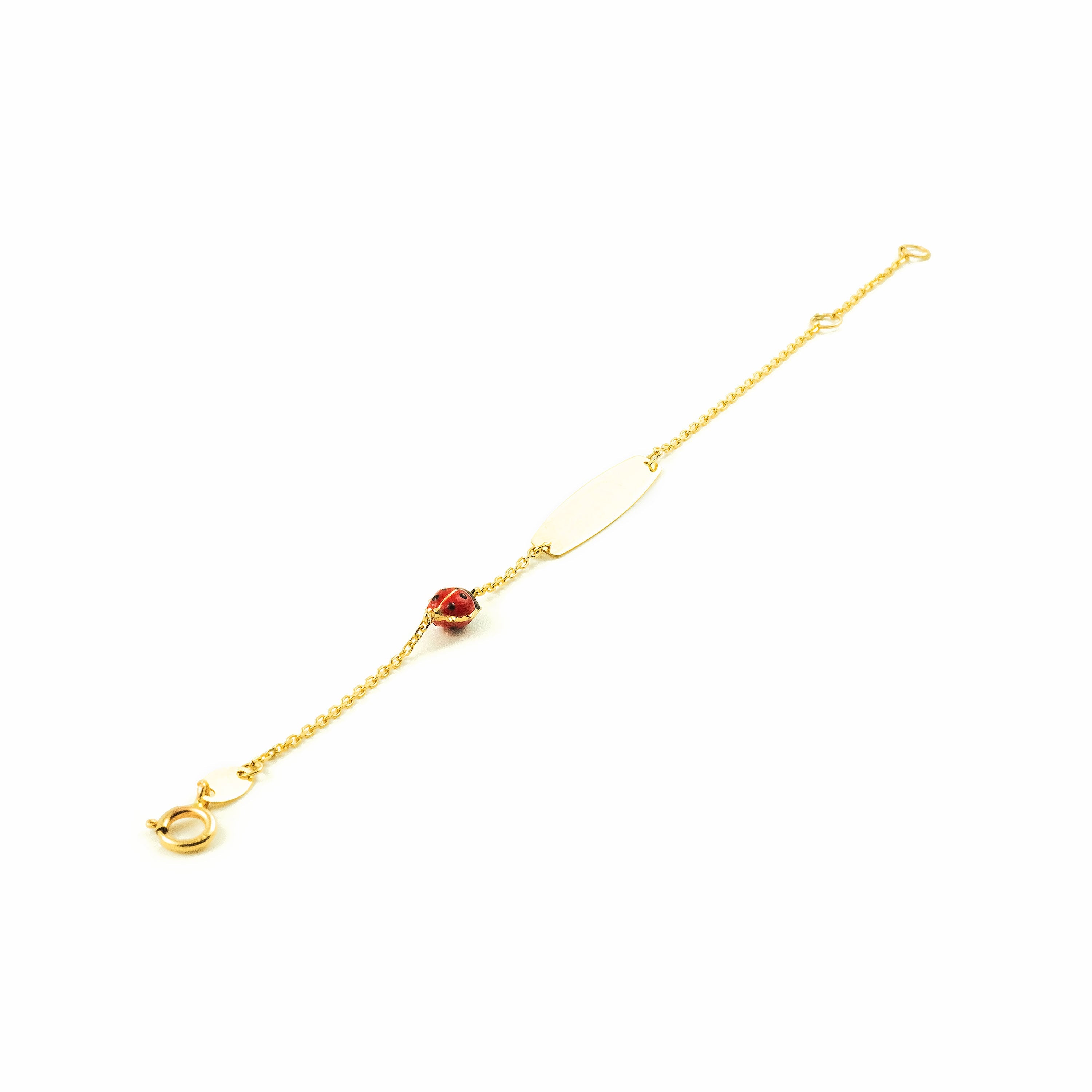 9K Yellow Gold Girl's Bracelet with Enamel, Ladybug, Red-Black, Glossy, 14 cm