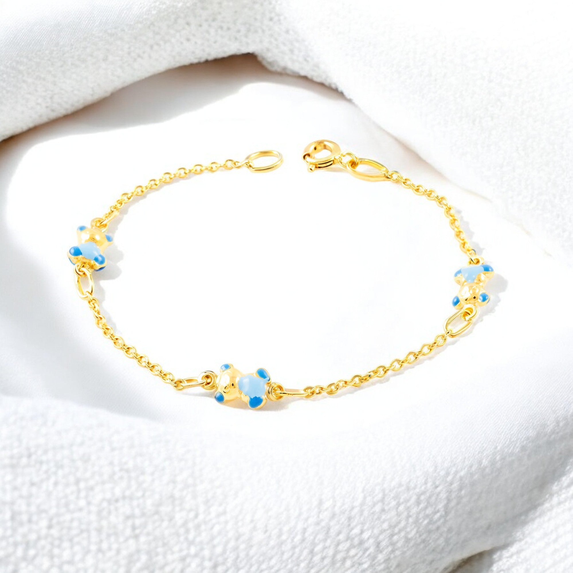 Pulsera Niña Oro Amarillo 9K Esmalte Oso Azul Brillo 14 cm