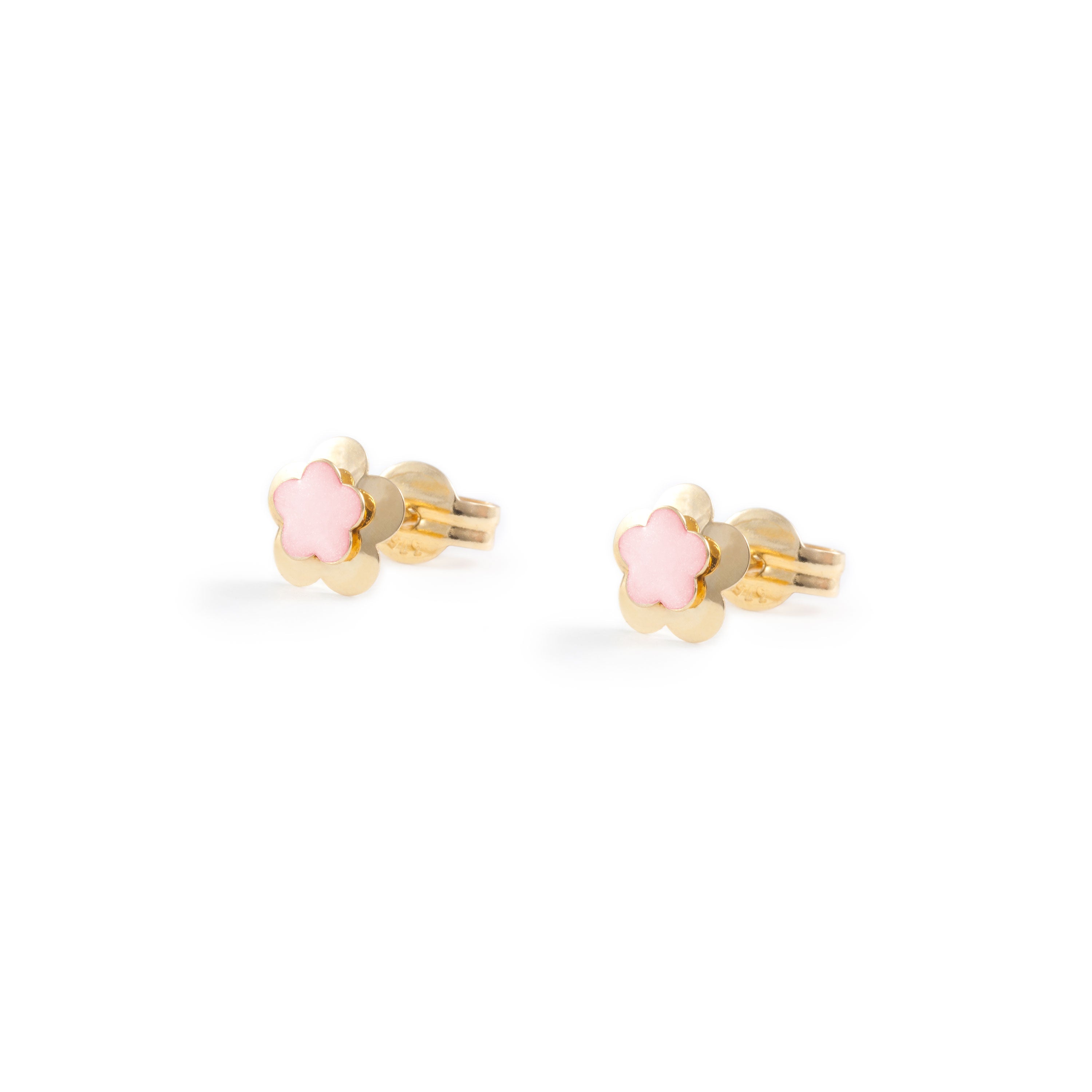 Pendientes Niña Oro Amarillo 9K Flor Esmalte Rosa Claro Brillo