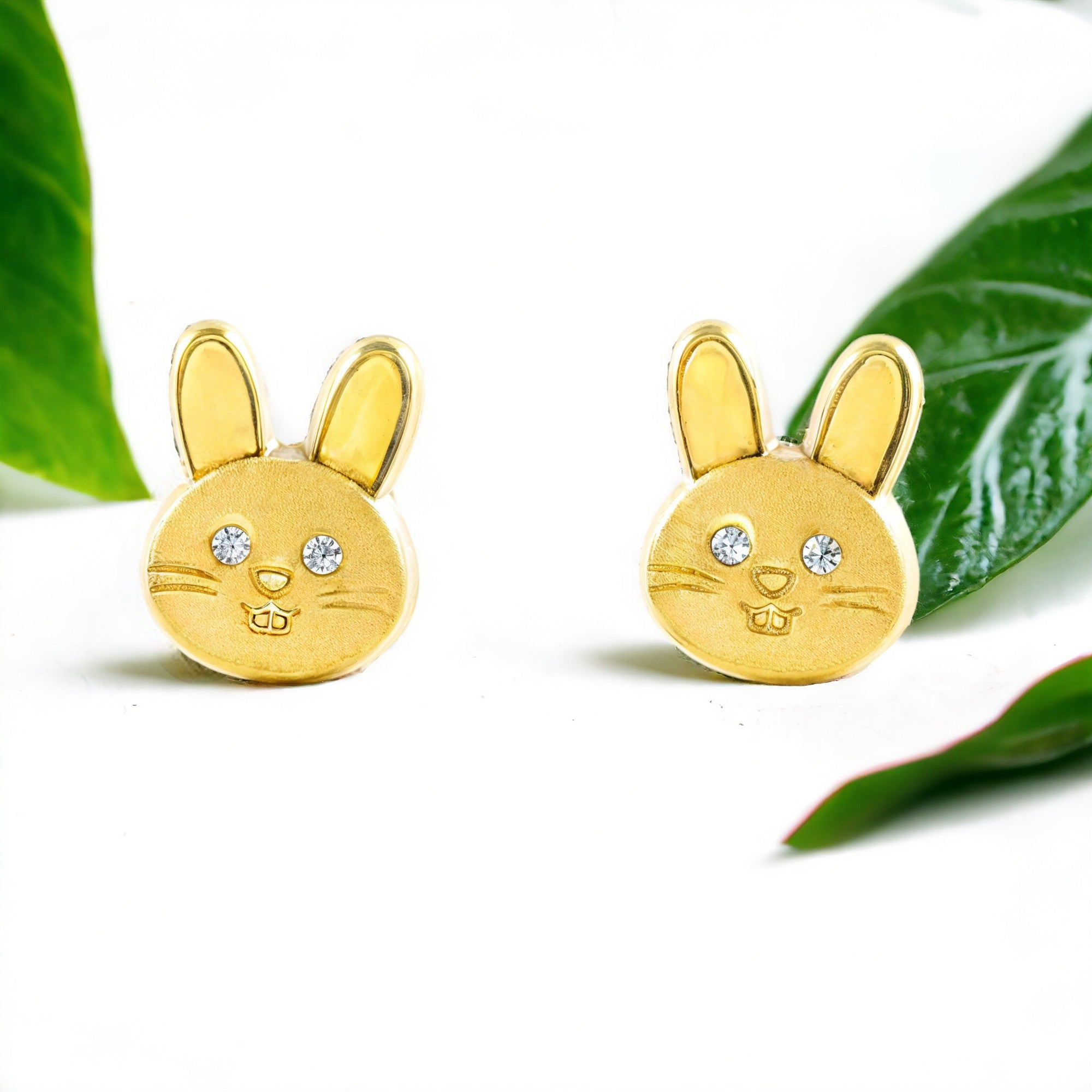 Pendientes Niña Oro Amarillo 9K Conejo Circonita Mate y Brillo