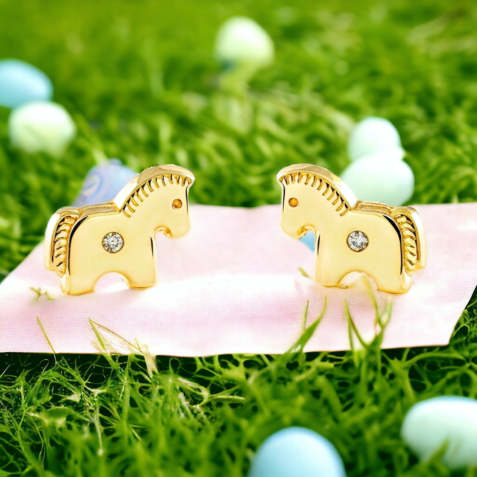 Pendientes Niña Oro Amarillo 9K Liso Caballo Circonita Brillo