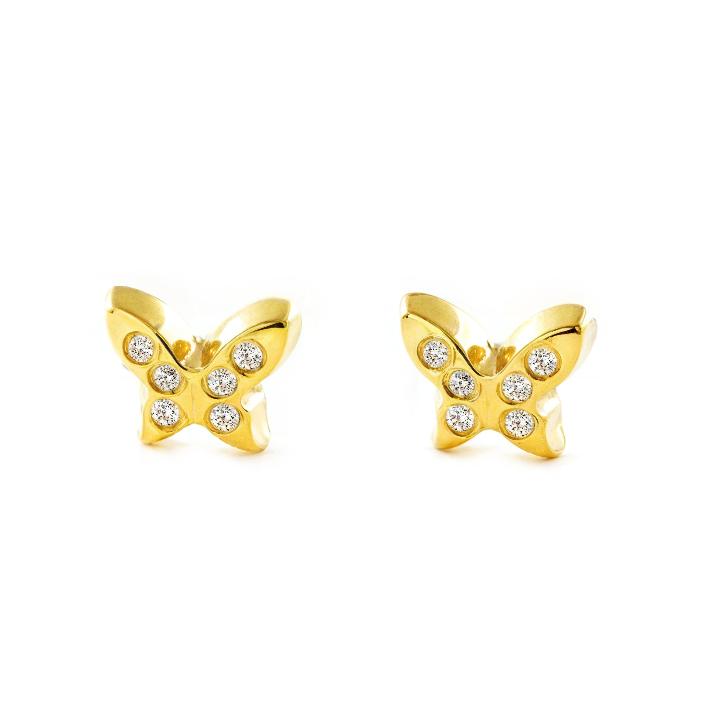 Pendientes Bebe-Niña Oro Amarillo 9K Mariposa Circonita Brillo