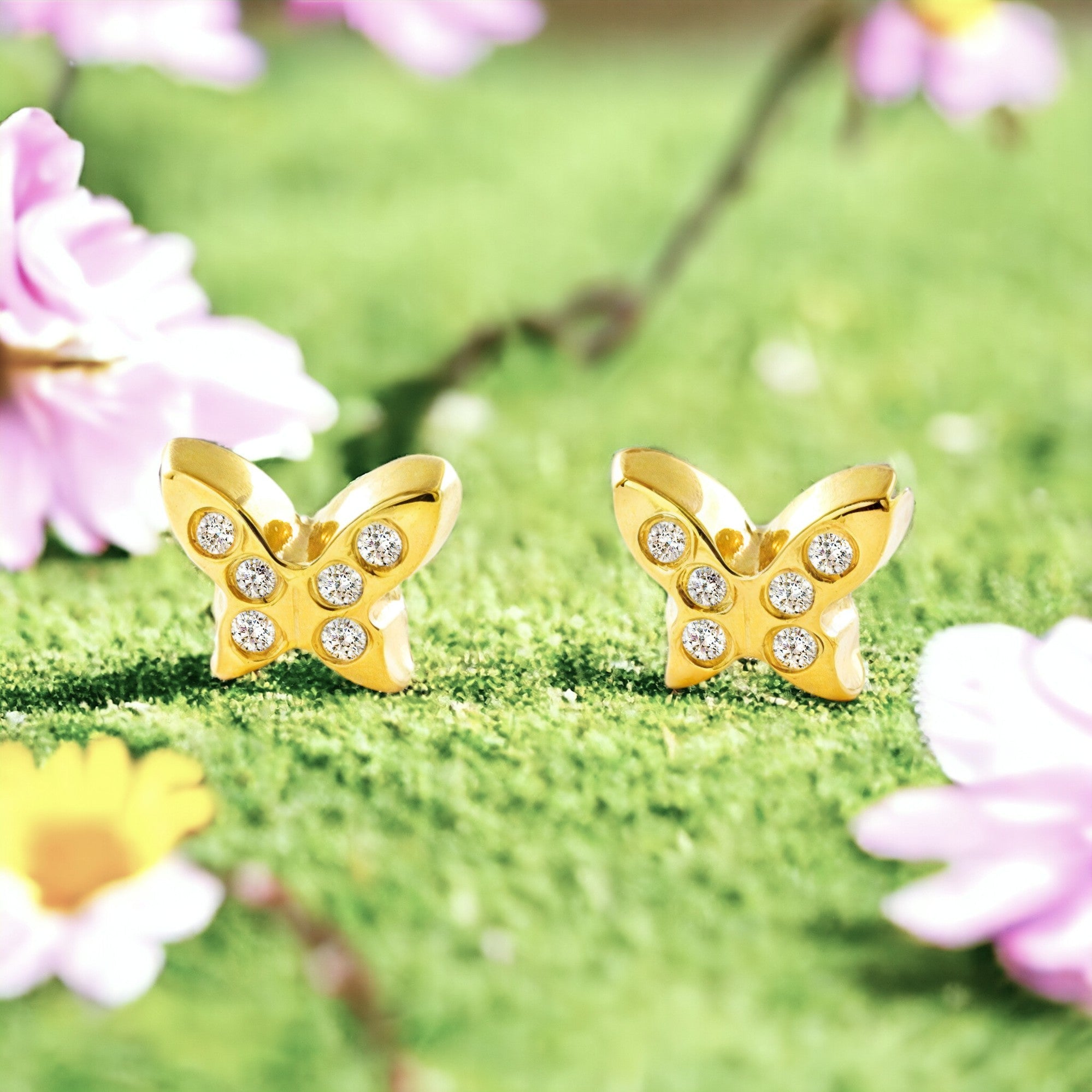 Pendientes Bebe-Niña Oro Amarillo 9K Mariposa Circonita Brillo