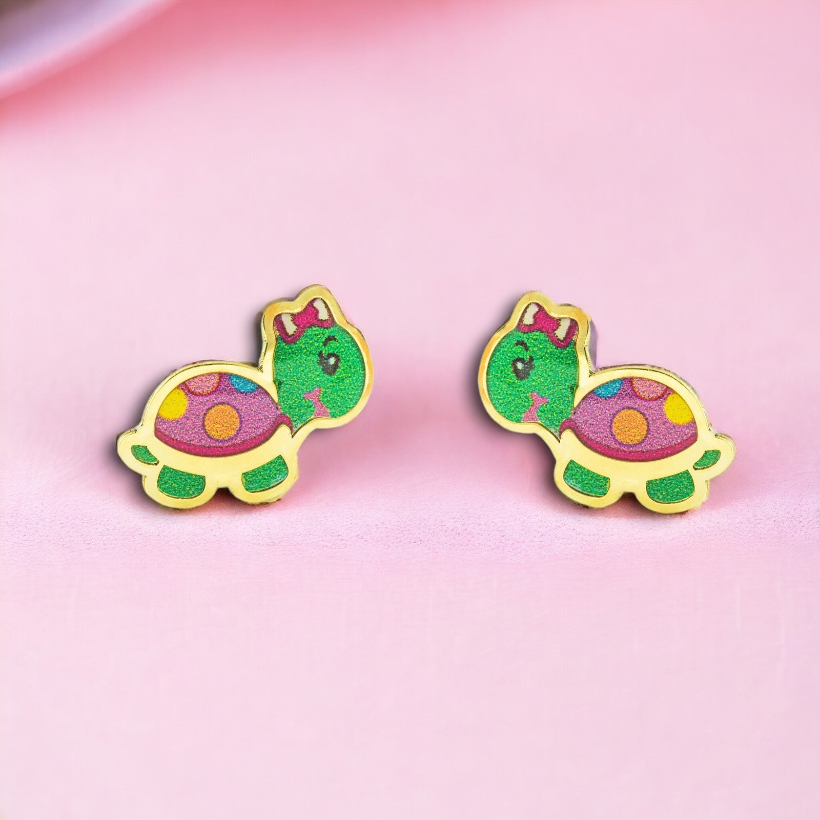 Pendientes Niña Oro Amarillo 9K Tortuga Esmalte Multicolor Brillo