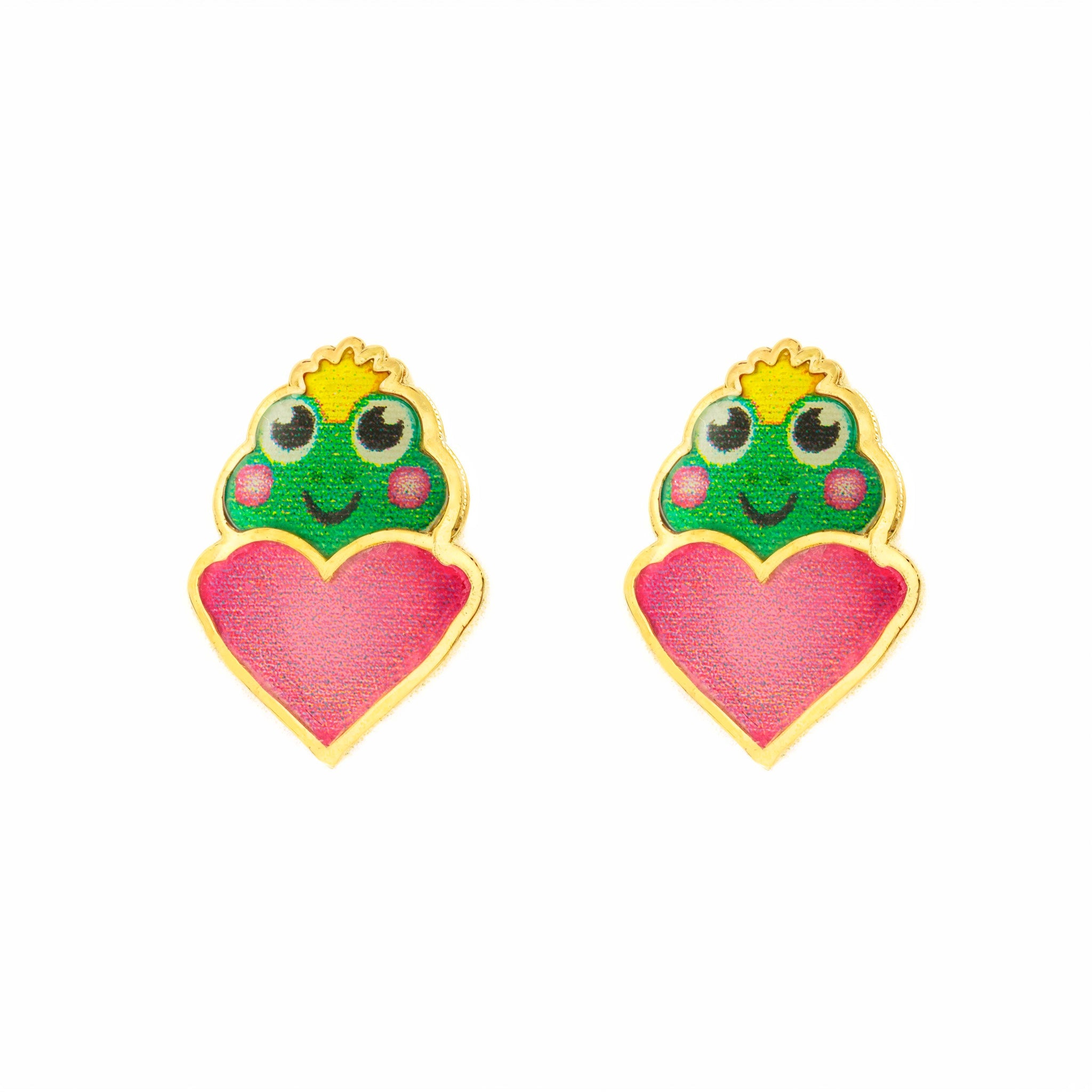 Pendientes Niña Oro Amarillo 9K Rana Esmalte Multicolor Brillo