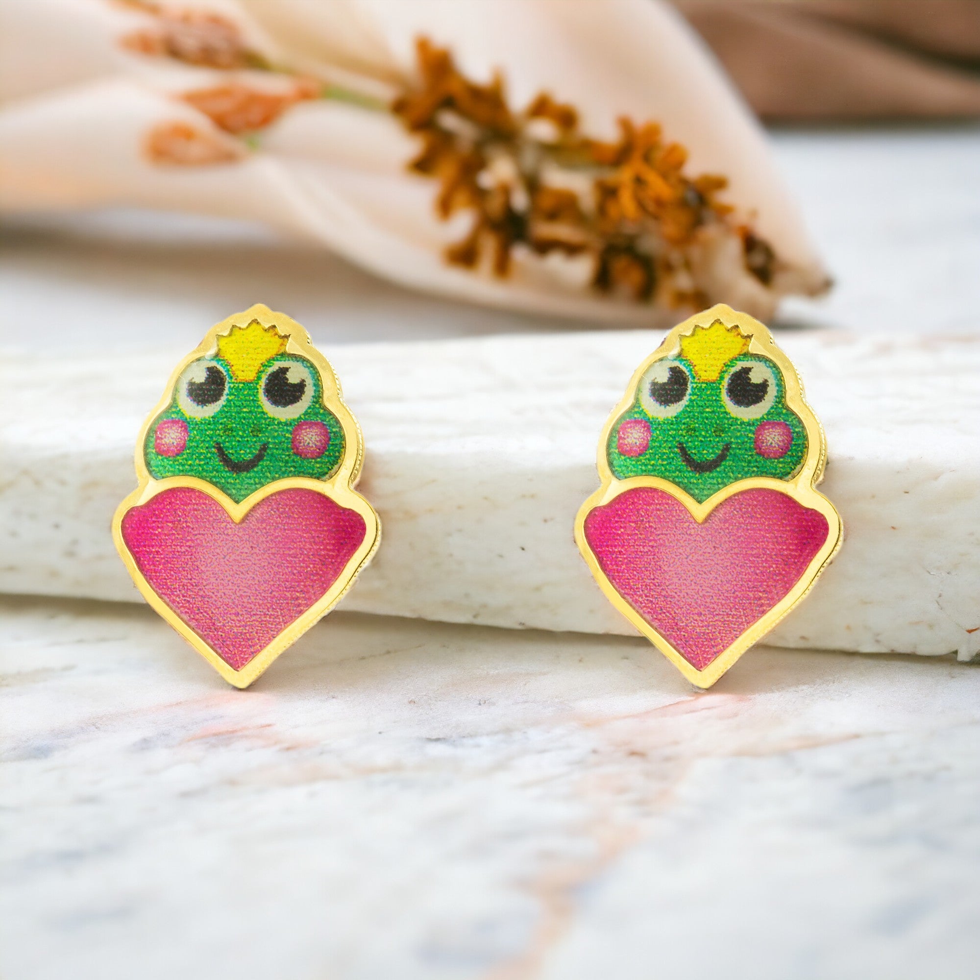 Pendientes Niña Oro Amarillo 9K Rana Esmalte Multicolor Brillo