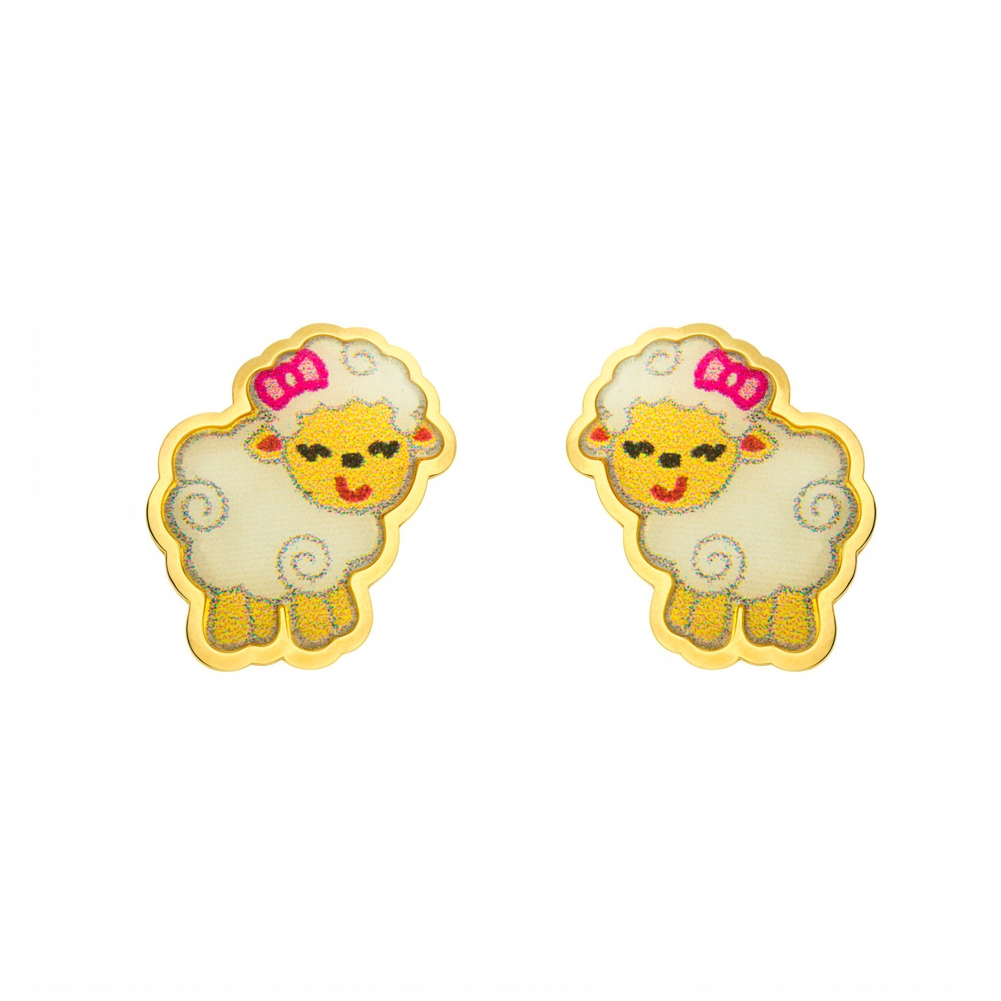 Pendientes Niña Oro Amarillo 9K Oveja Esmalte Multicolor Brillo