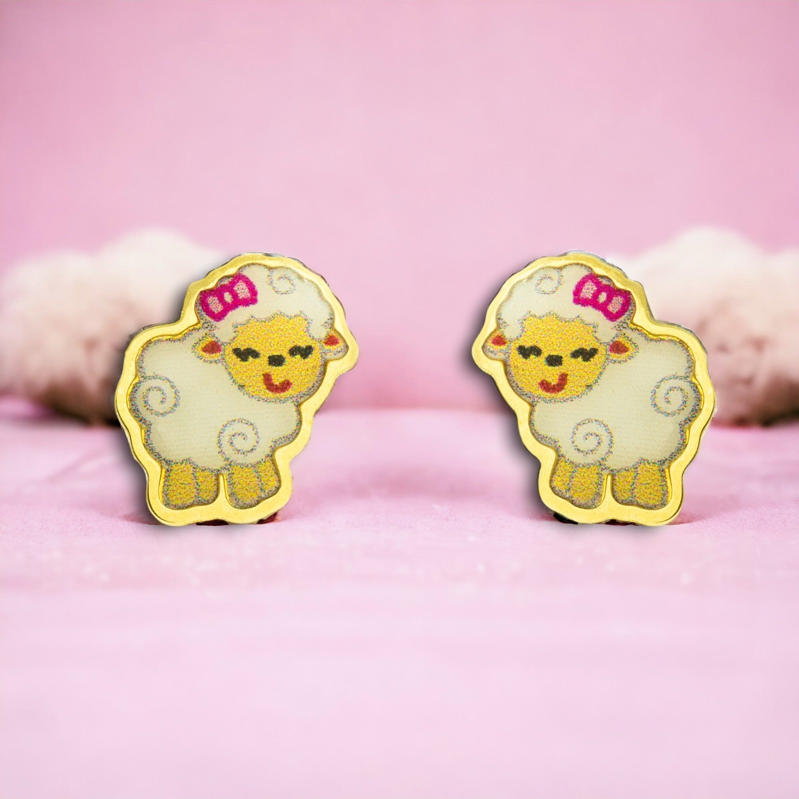 Pendientes Niña Oro Amarillo 9K Oveja Esmalte Multicolor Brillo